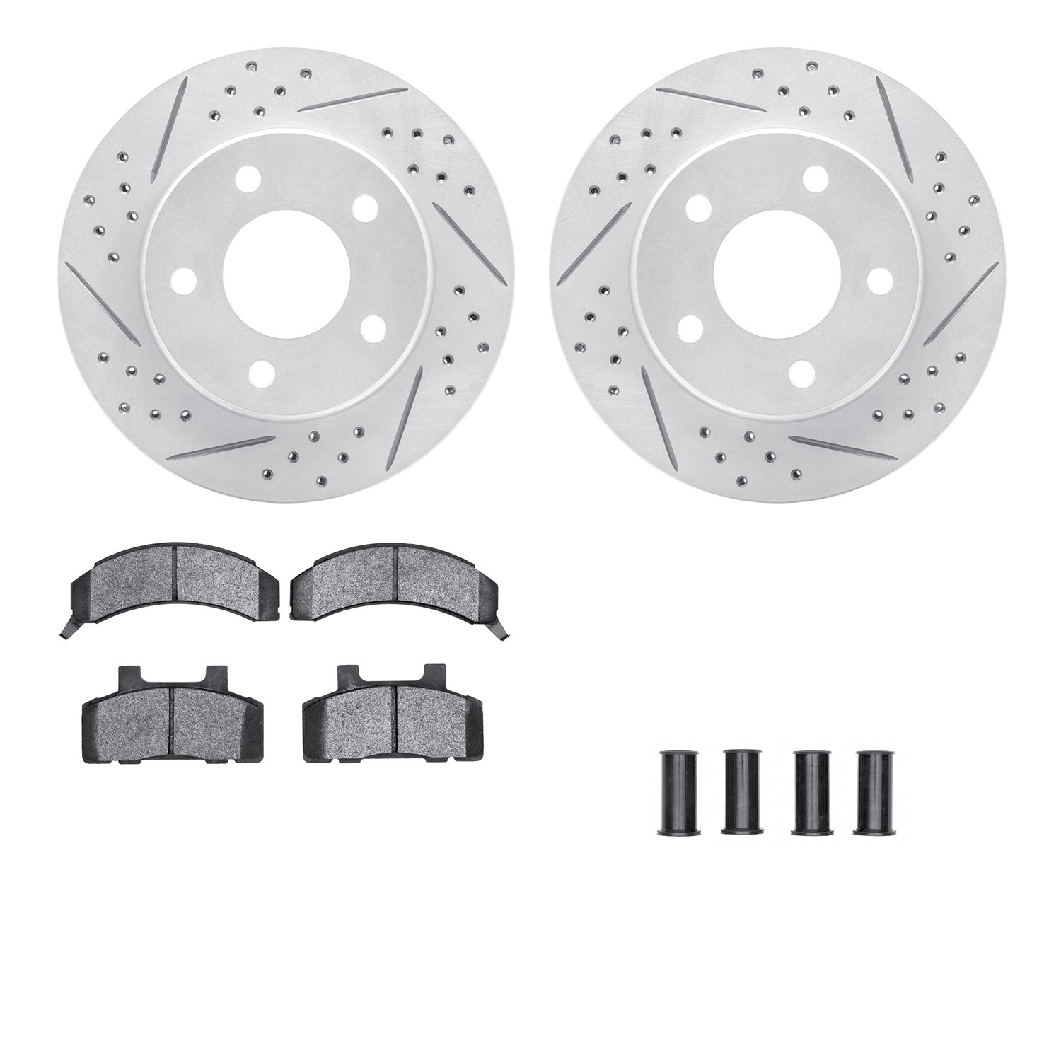 2512-45001 Geoperformance Drilled/Slotted Rotors w/5000 Advanced Brake Pads Kit & Hardware, 1990-1996 GM, Position: Front