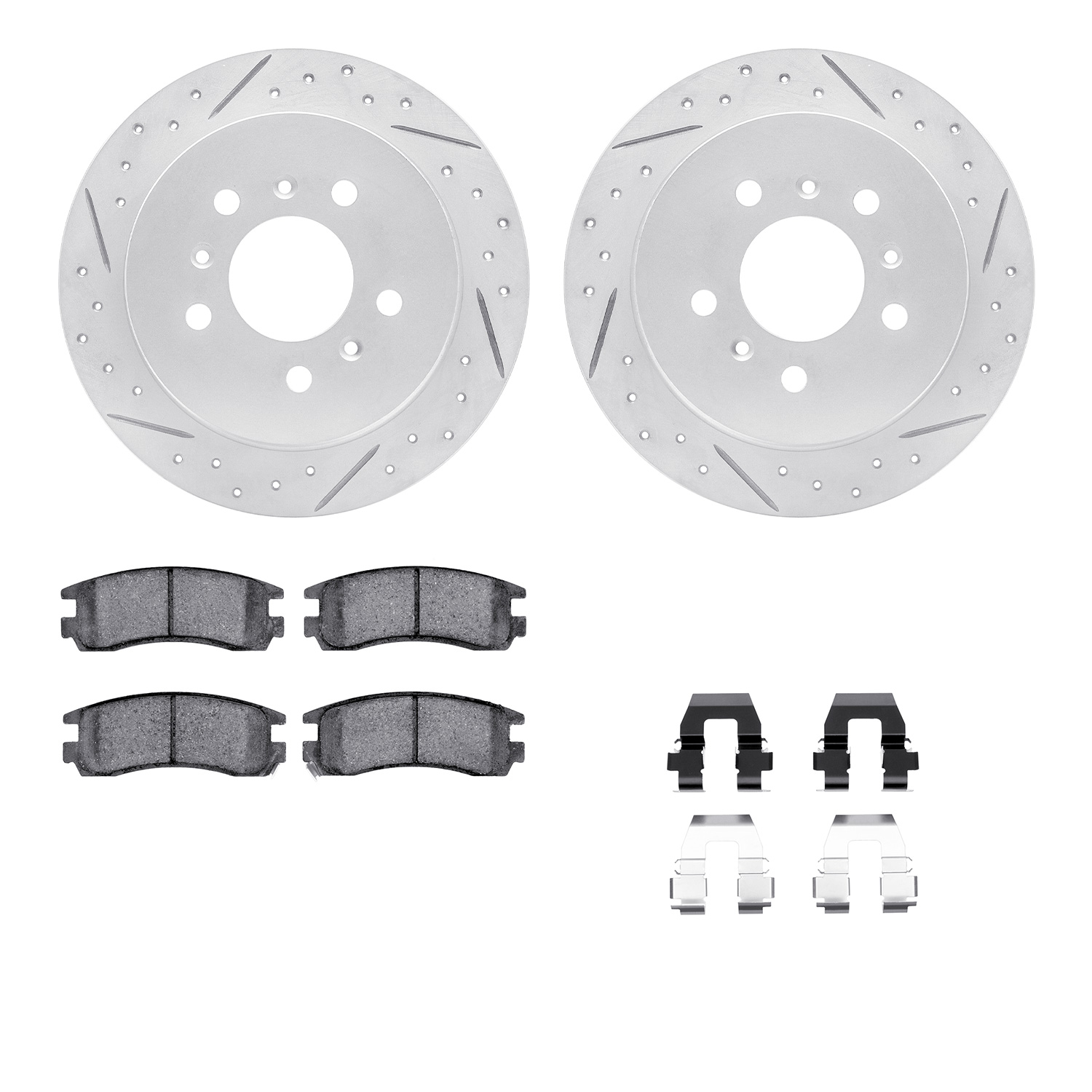 2512-45004 Geoperformance Drilled/Slotted Rotors w/5000 Advanced Brake Pads Kit & Hardware, 2006-2010 GM, Position: Rear