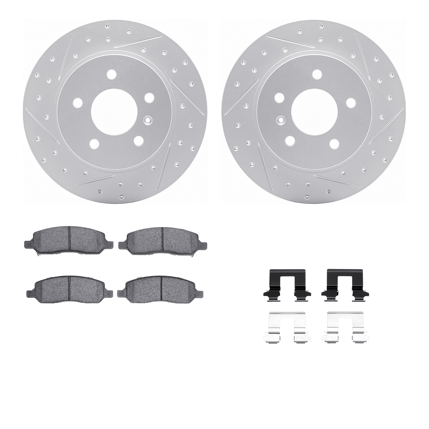2512-45007 Geoperformance Drilled/Slotted Rotors w/5000 Advanced Brake Pads Kit & Hardware, 2006-2011 GM, Position: Rear