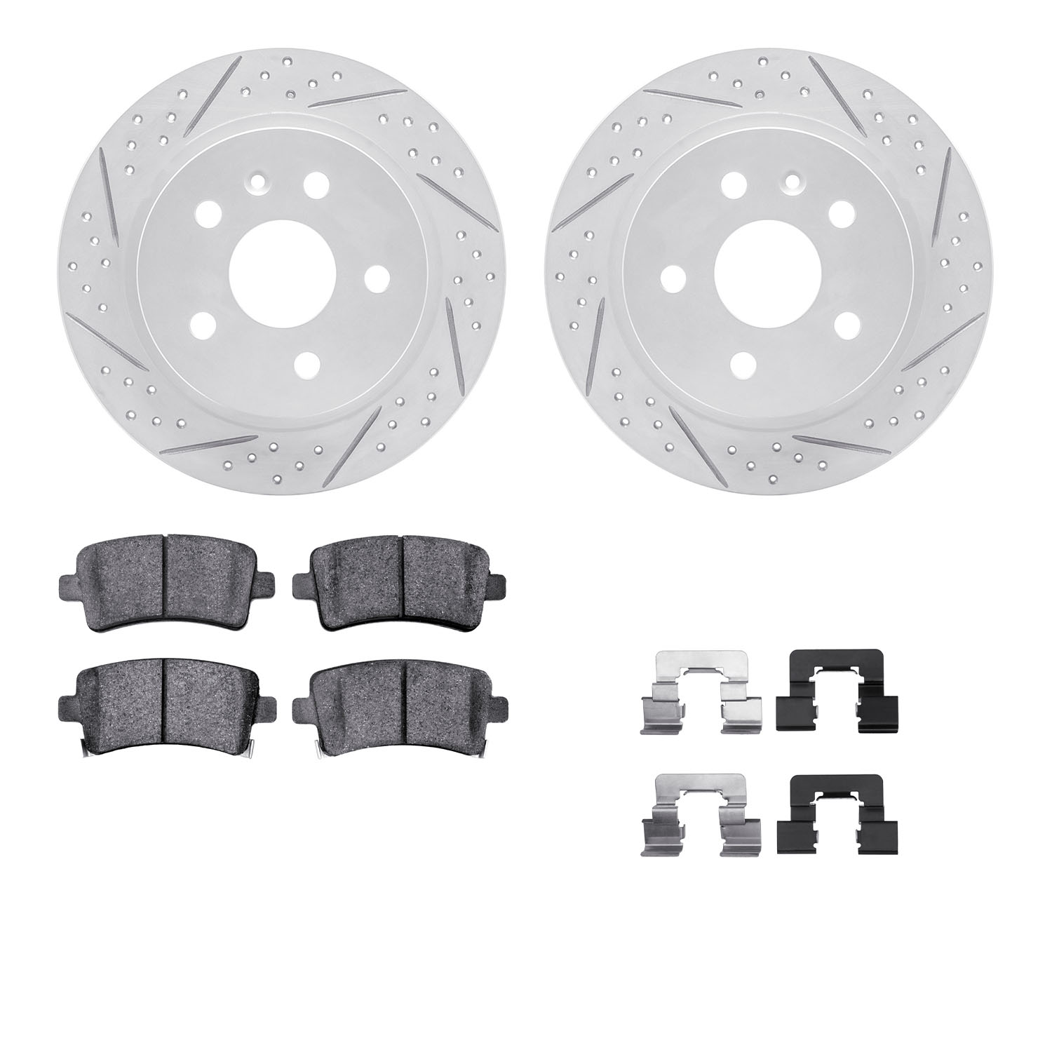 2512-45010 Geoperformance Drilled/Slotted Rotors w/5000 Advanced Brake Pads Kit & Hardware, 2011-2011 GM, Position: Rear