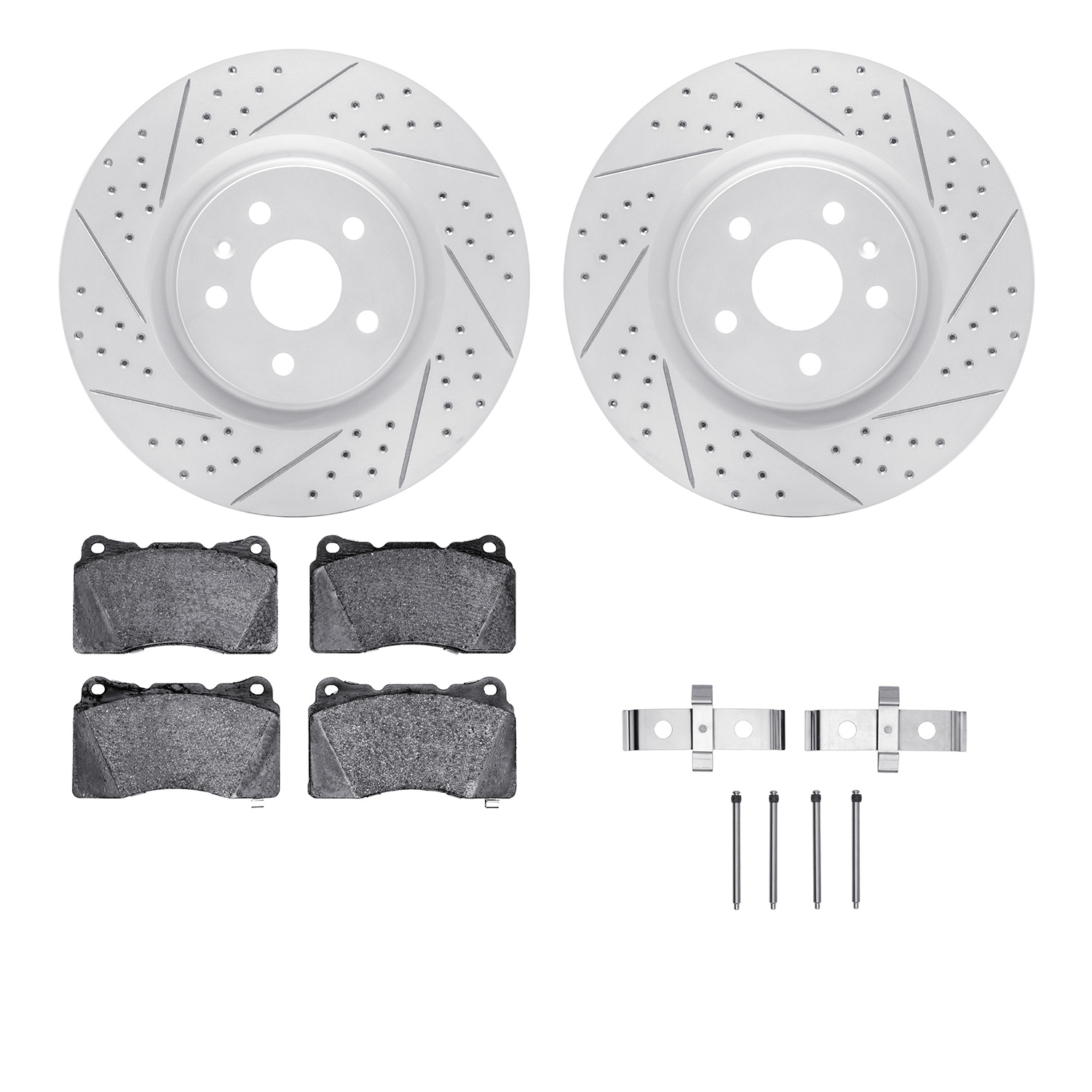 2512-45015 Geoperformance Drilled/Slotted Rotors w/5000 Advanced Brake Pads Kit & Hardware, 2009-2009 GM, Position: Front