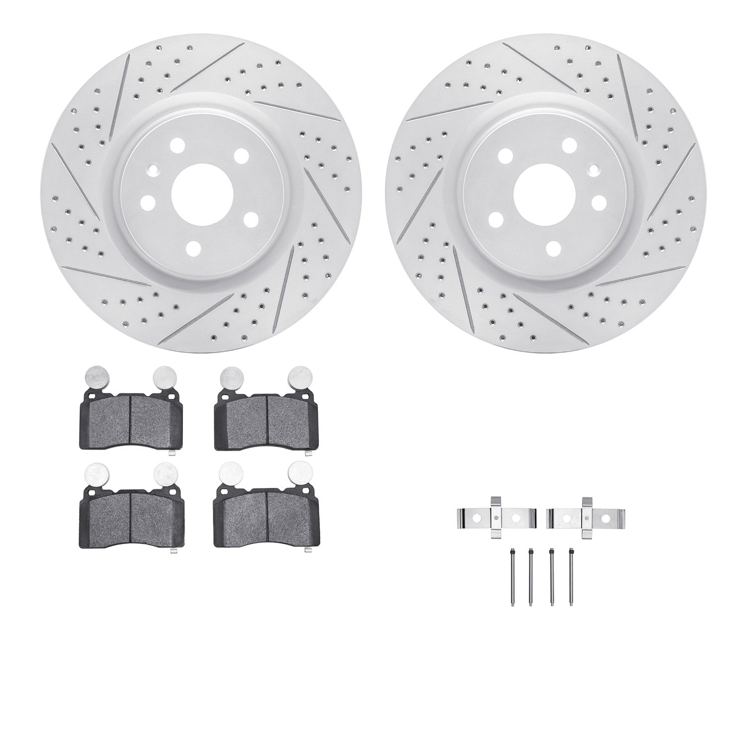 2512-45016 Geoperformance Drilled/Slotted Rotors w/5000 Advanced Brake Pads Kit & Hardware, 2010-2015 GM, Position: Front