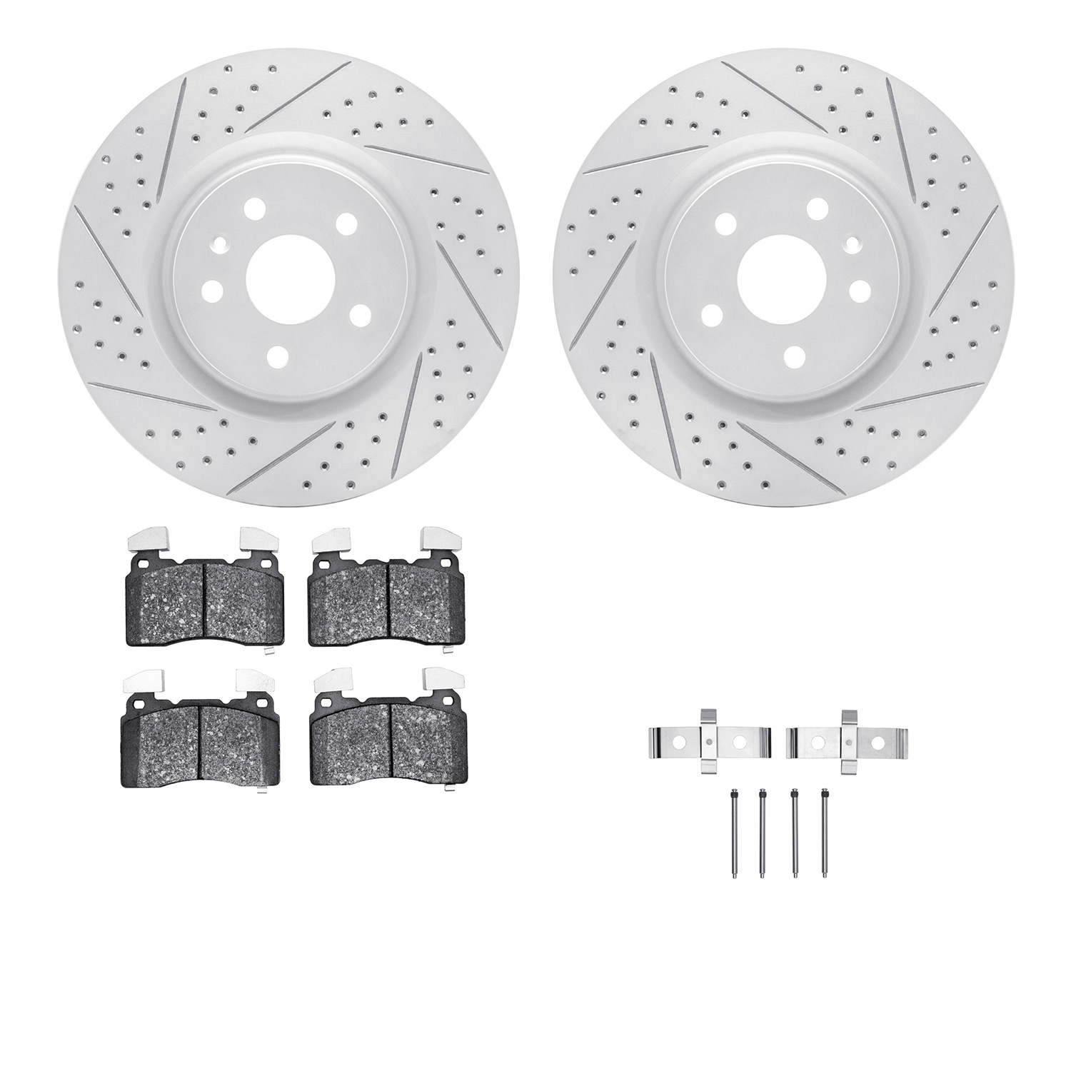 2512-45017 Geoperformance Drilled/Slotted Rotors w/5000 Advanced Brake Pads Kit & Hardware, 2014-2017 GM, Position: Front