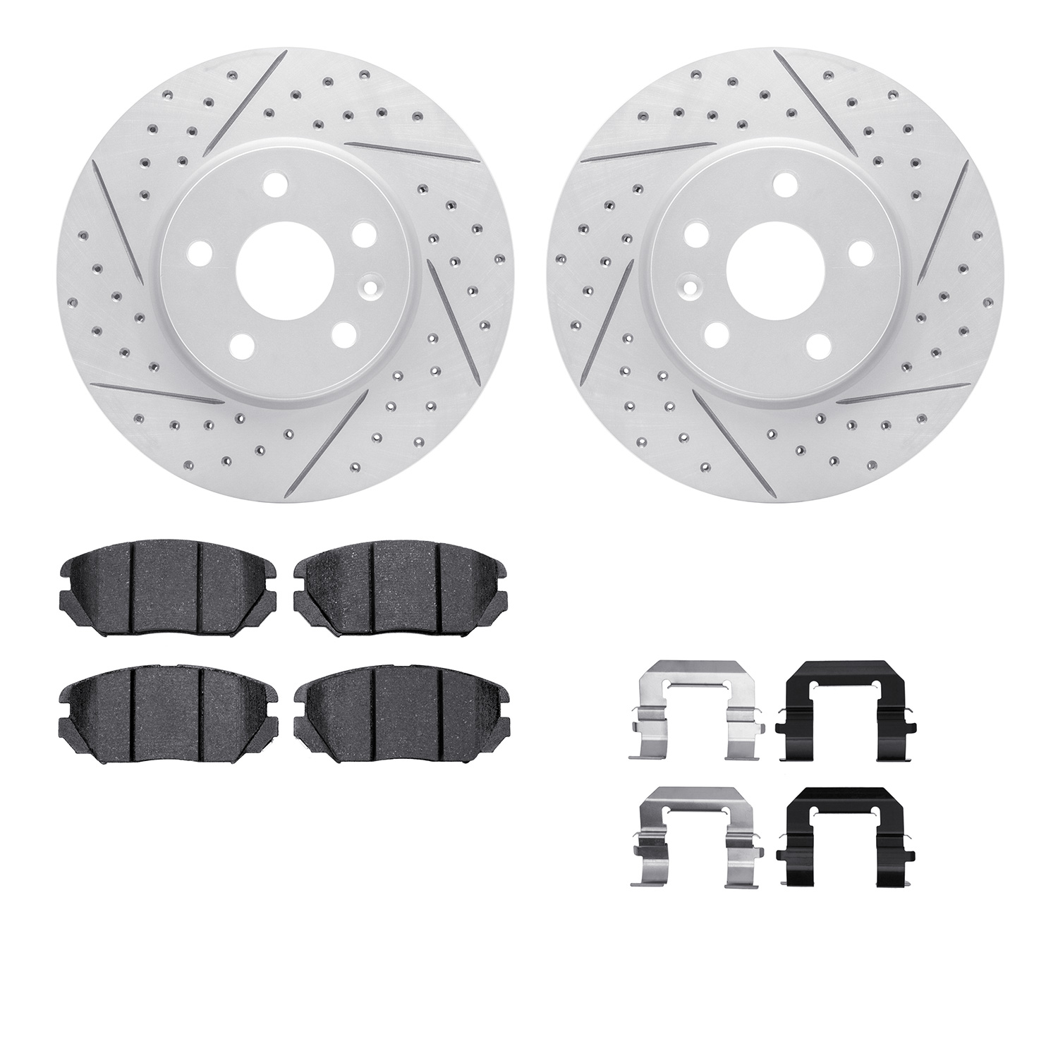 2512-45022 Geoperformance Drilled/Slotted Rotors w/5000 Advanced Brake Pads Kit & Hardware, 2010-2017 GM, Position: Front