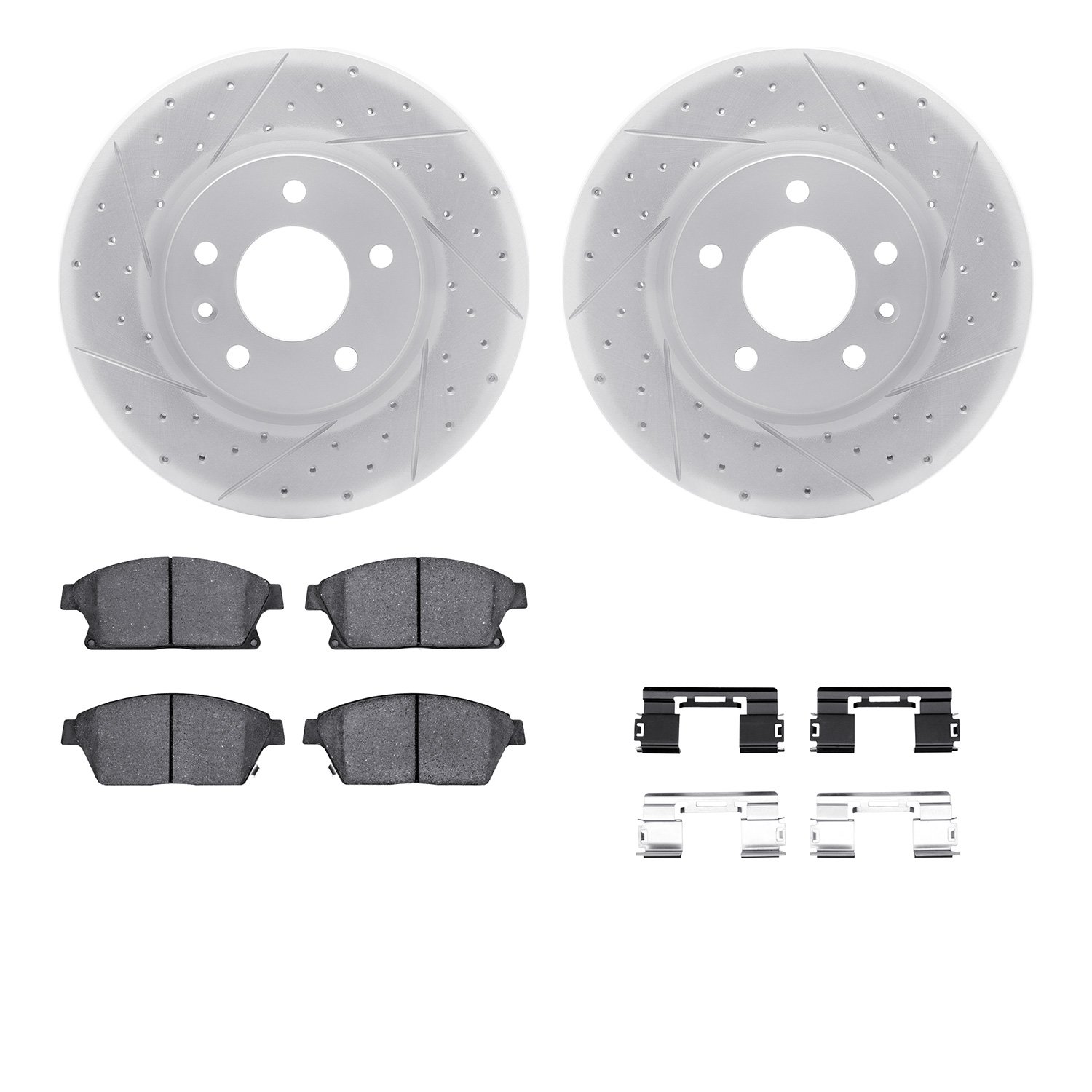 2512-45024 Geoperformance Drilled/Slotted Rotors w/5000 Advanced Brake Pads Kit & Hardware, 2011-2017 GM, Position: Front