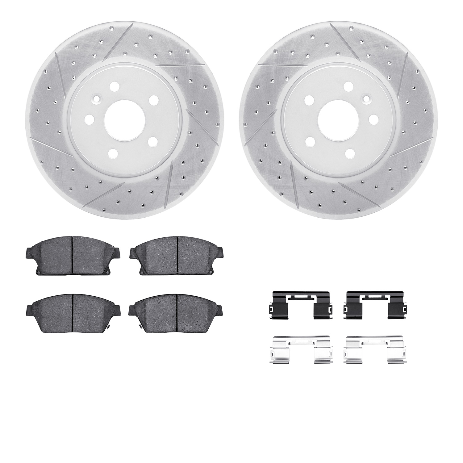 2512-45027 Geoperformance Drilled/Slotted Rotors w/5000 Advanced Brake Pads Kit & Hardware, 2013-2017 GM, Position: Front
