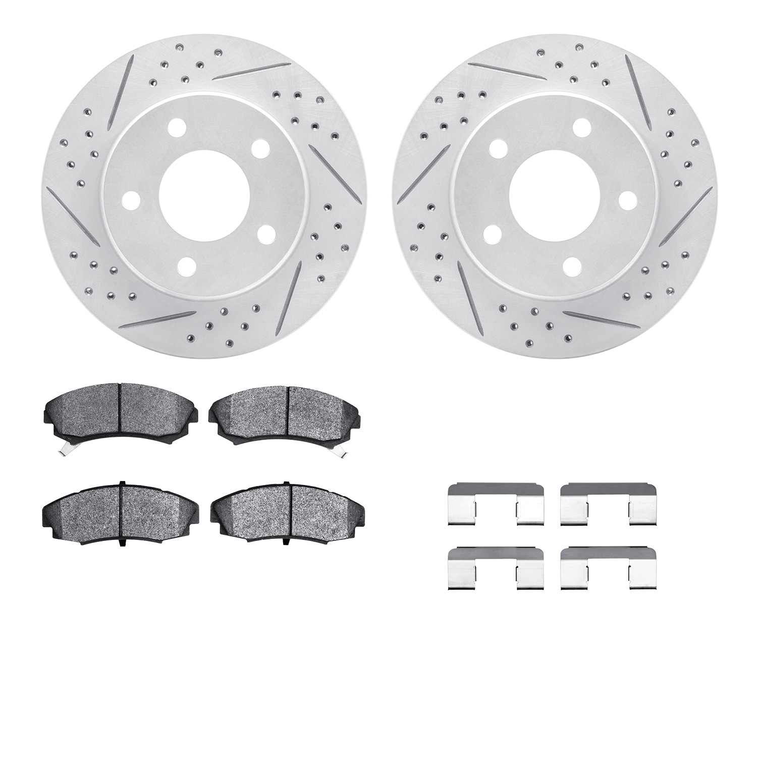 2512-45030 Geoperformance Drilled/Slotted Rotors w/5000 Advanced Brake Pads Kit & Hardware, 1986-1992 GM, Position: Front