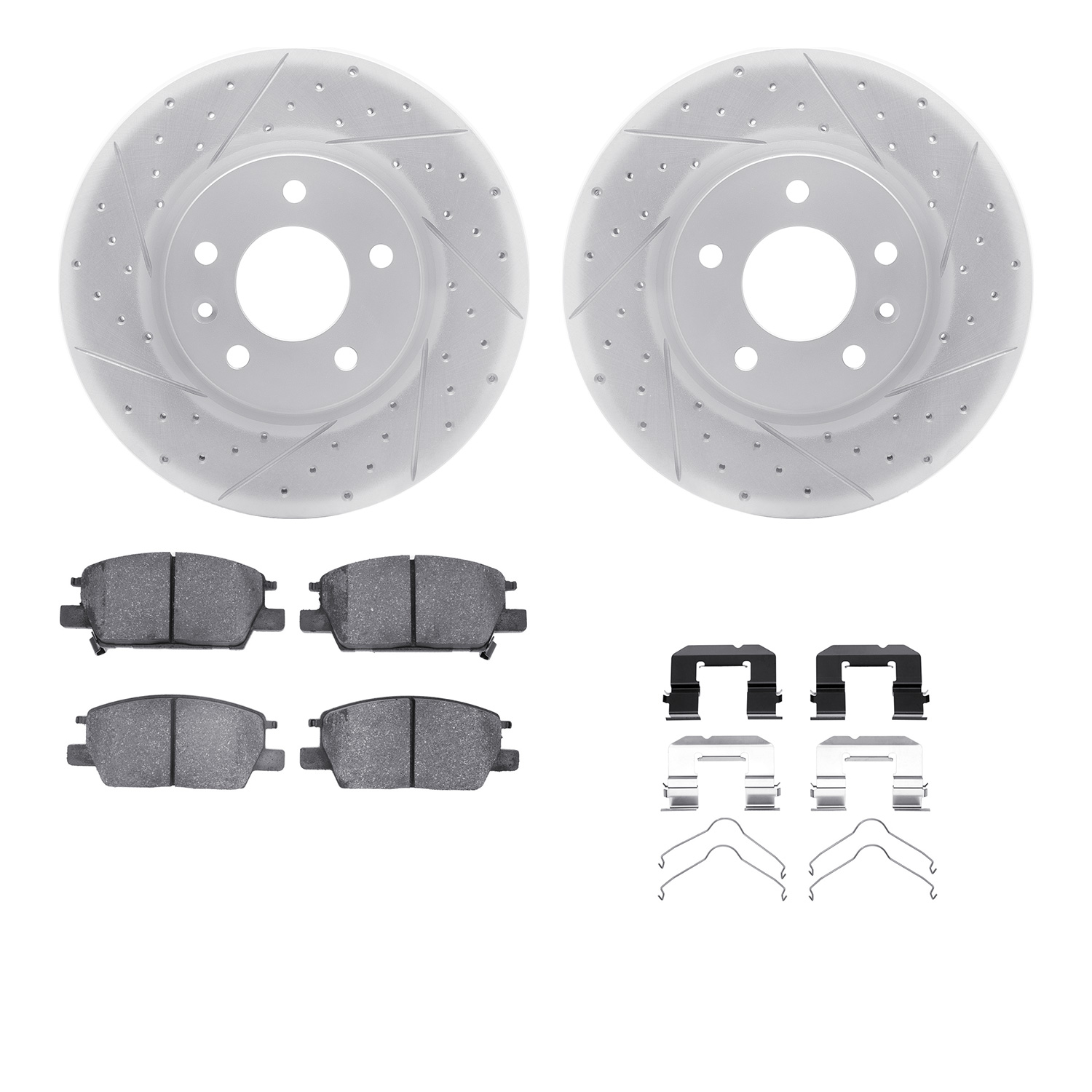 2512-45033 Geoperformance Drilled/Slotted Rotors w/5000 Advanced Brake Pads Kit & Hardware, 2016-2020 GM, Position: Front