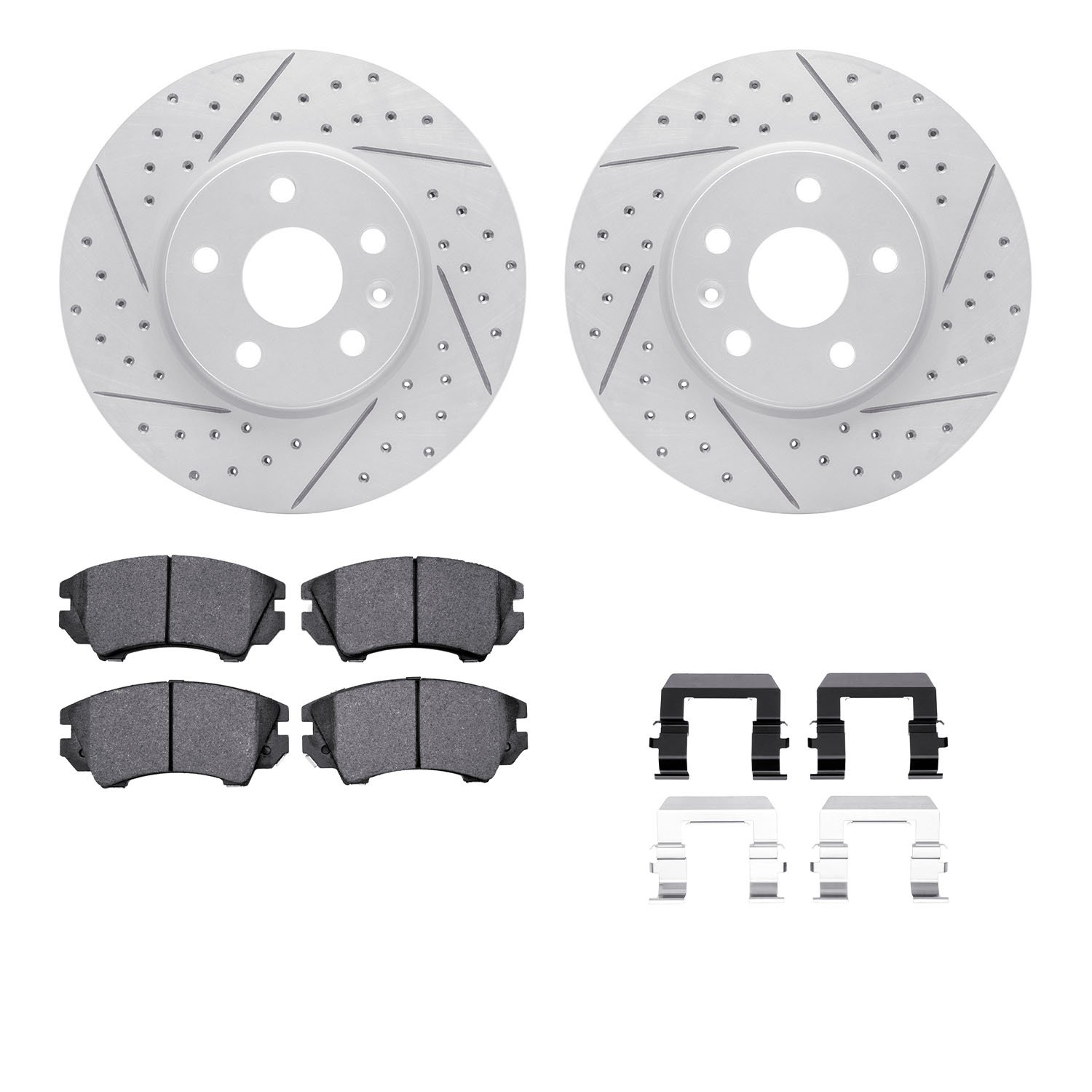 2512-45079 Geoperformance Drilled/Slotted Rotors w/5000 Advanced Brake Pads Kit & Hardware, 2011-2011 GM, Position: Front