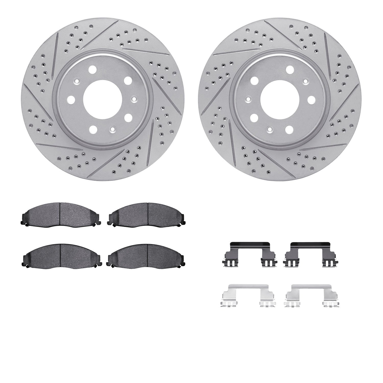 2512-46001 Geoperformance Drilled/Slotted Rotors w/5000 Advanced Brake Pads Kit & Hardware, 2005-2008 GM, Position: Front