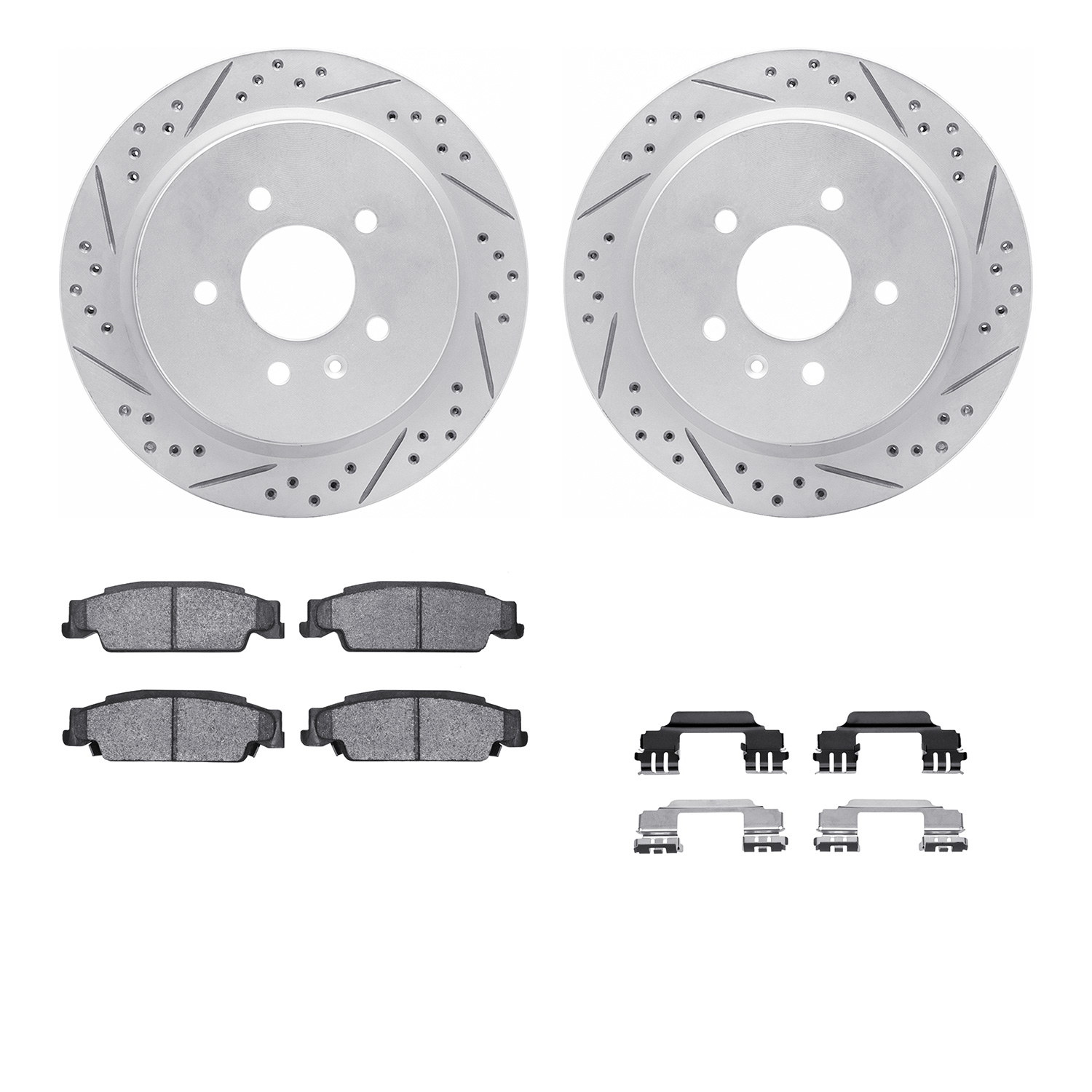 2512-46002 Geoperformance Drilled/Slotted Rotors w/5000 Advanced Brake Pads Kit & Hardware, 2003-2011 GM, Position: Rear