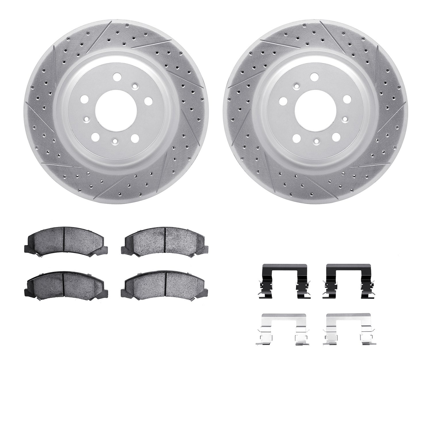 2512-46008 Geoperformance Drilled/Slotted Rotors w/5000 Advanced Brake Pads Kit & Hardware, 2012-2016 GM, Position: Front
