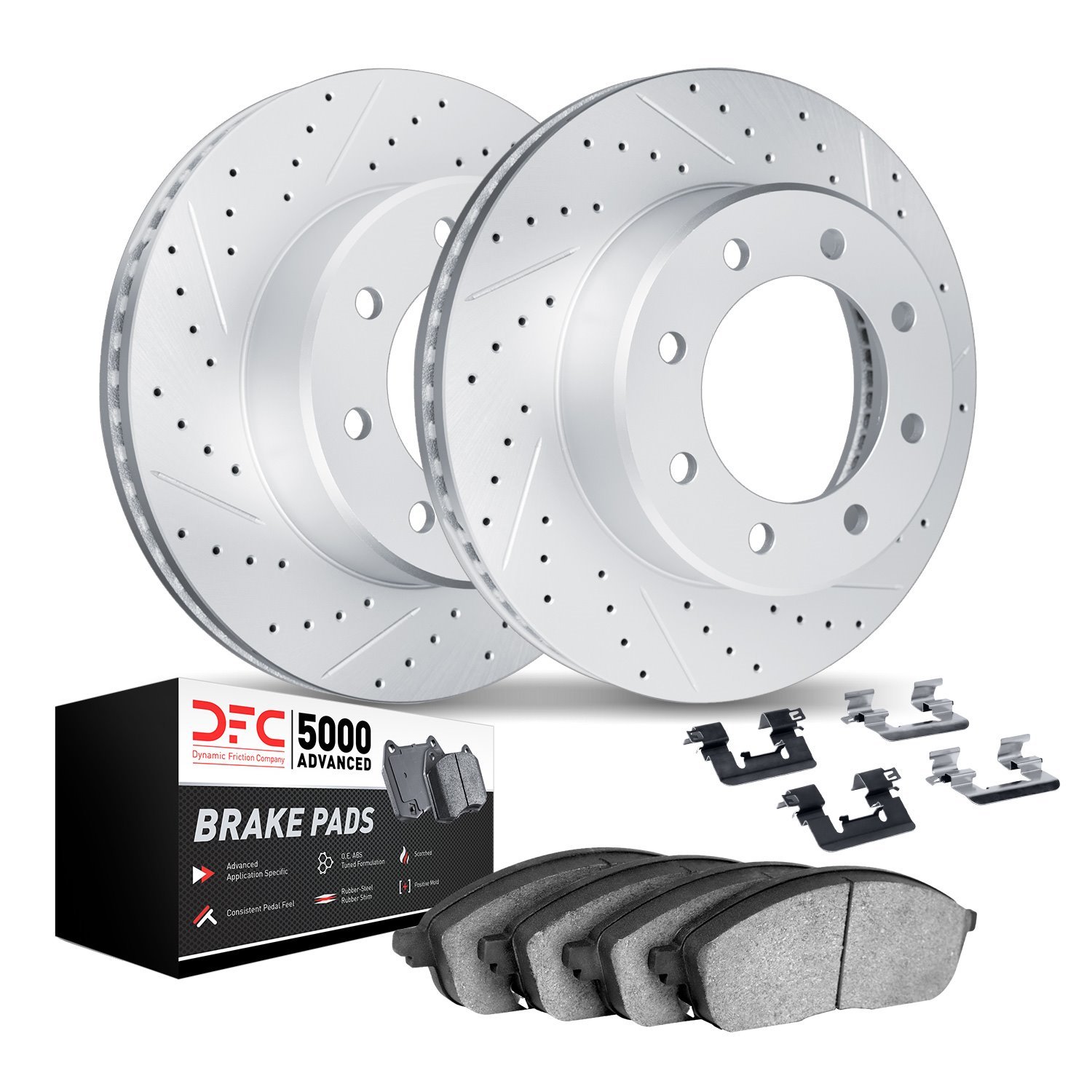 2512-46010 Geoperformance Drilled/Slotted Rotors w/5000 Advanced Brake Pads Kit & Hardware, 2006-2011 GM, Position: Front