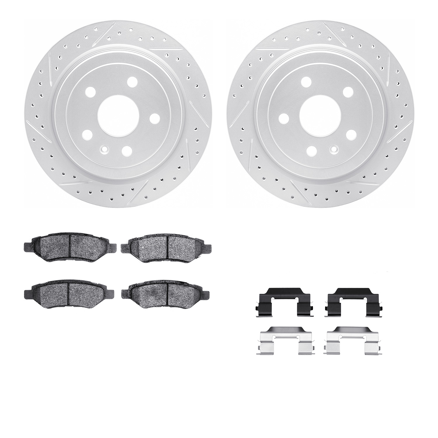 2512-46011 Geoperformance Drilled/Slotted Rotors w/5000 Advanced Brake Pads Kit & Hardware, 2008-2015 GM, Position: Rear