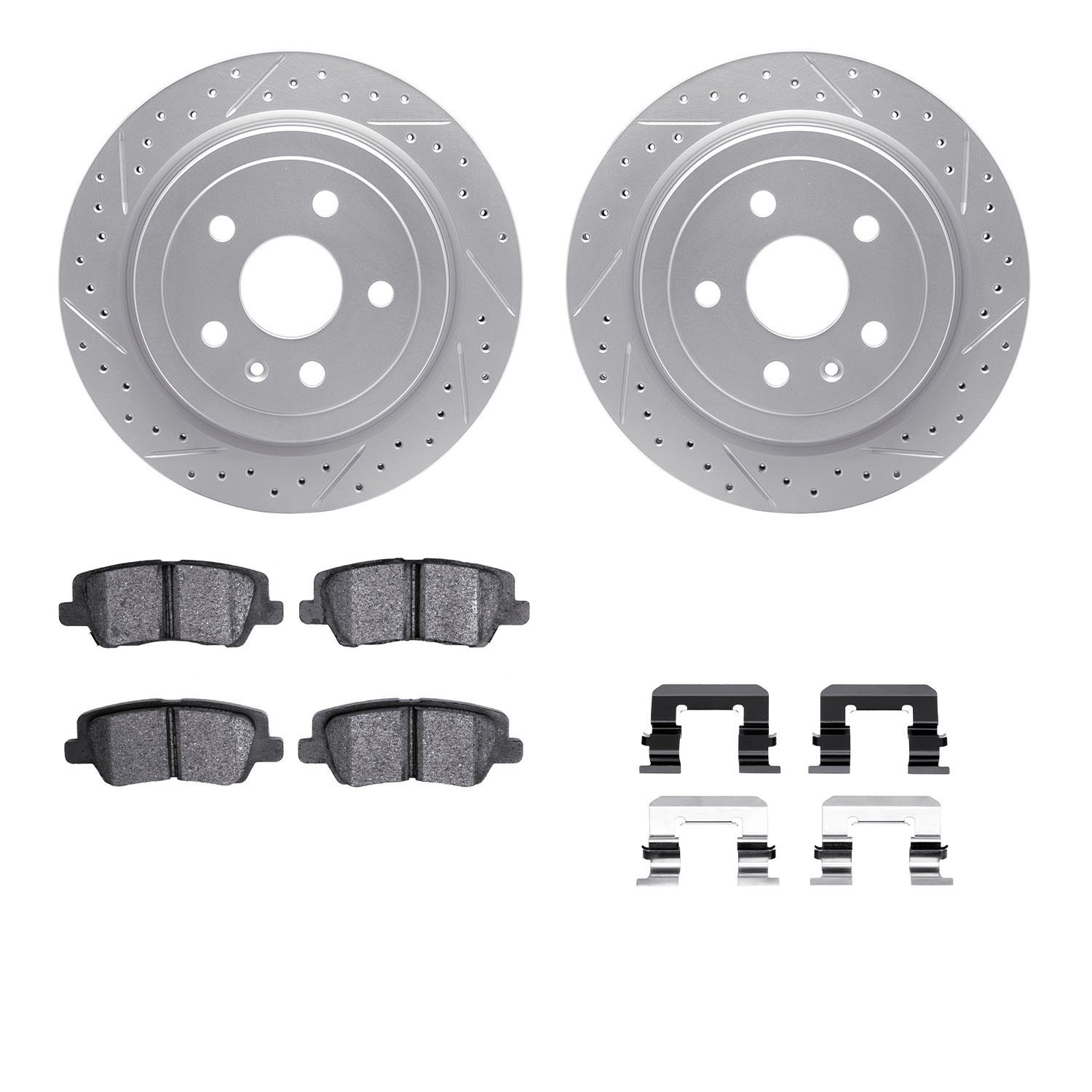 2512-46012 Geoperformance Drilled/Slotted Rotors w/5000 Advanced Brake Pads Kit & Hardware, 2014-2019 GM, Position: Rear