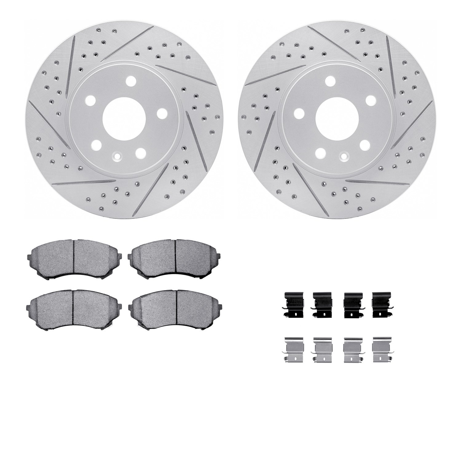 2512-46013 Geoperformance Drilled/Slotted Rotors w/5000 Advanced Brake Pads Kit & Hardware, 2014-2014 GM, Position: Front
