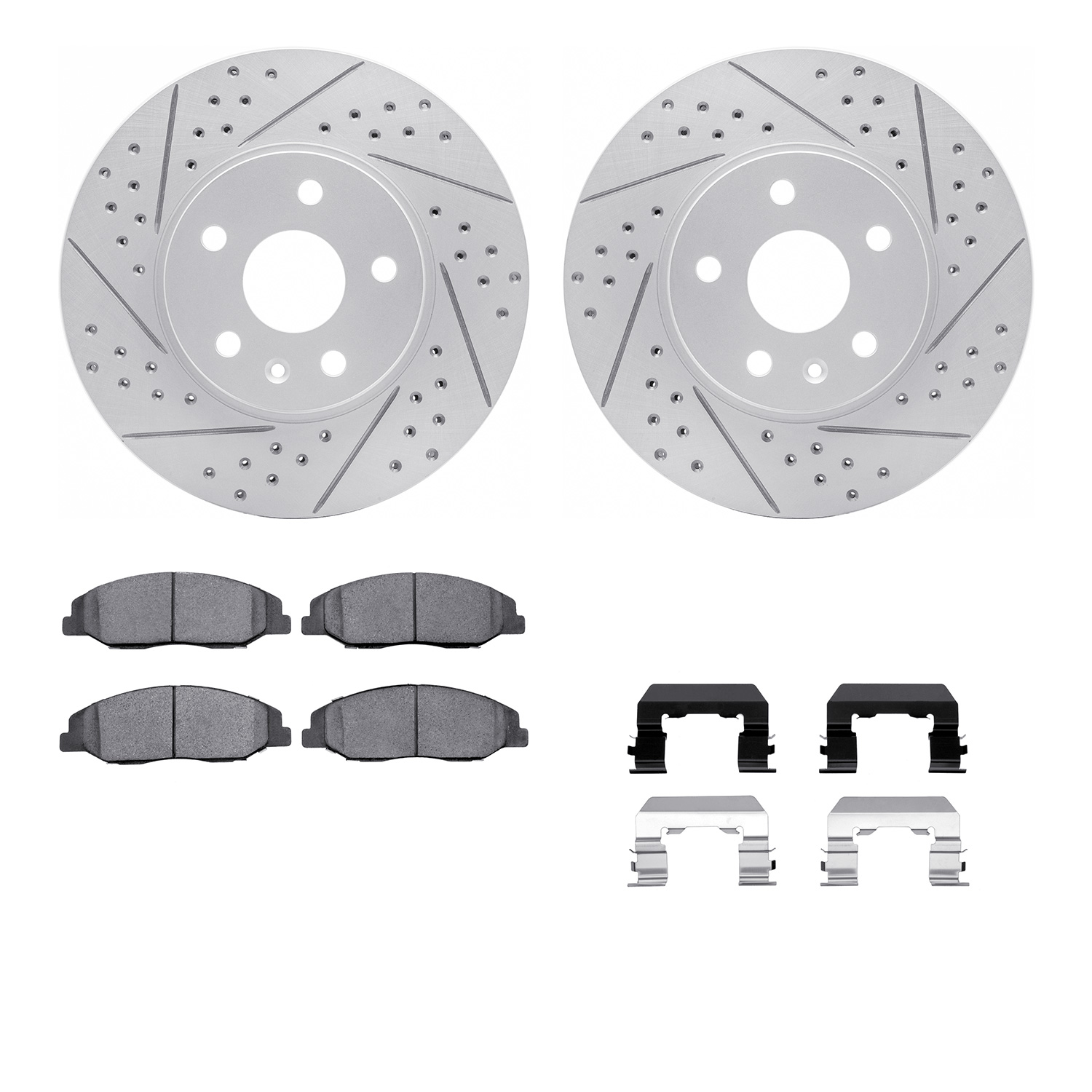 2512-46014 Geoperformance Drilled/Slotted Rotors w/5000 Advanced Brake Pads Kit & Hardware, 2008-2014 GM, Position: Front