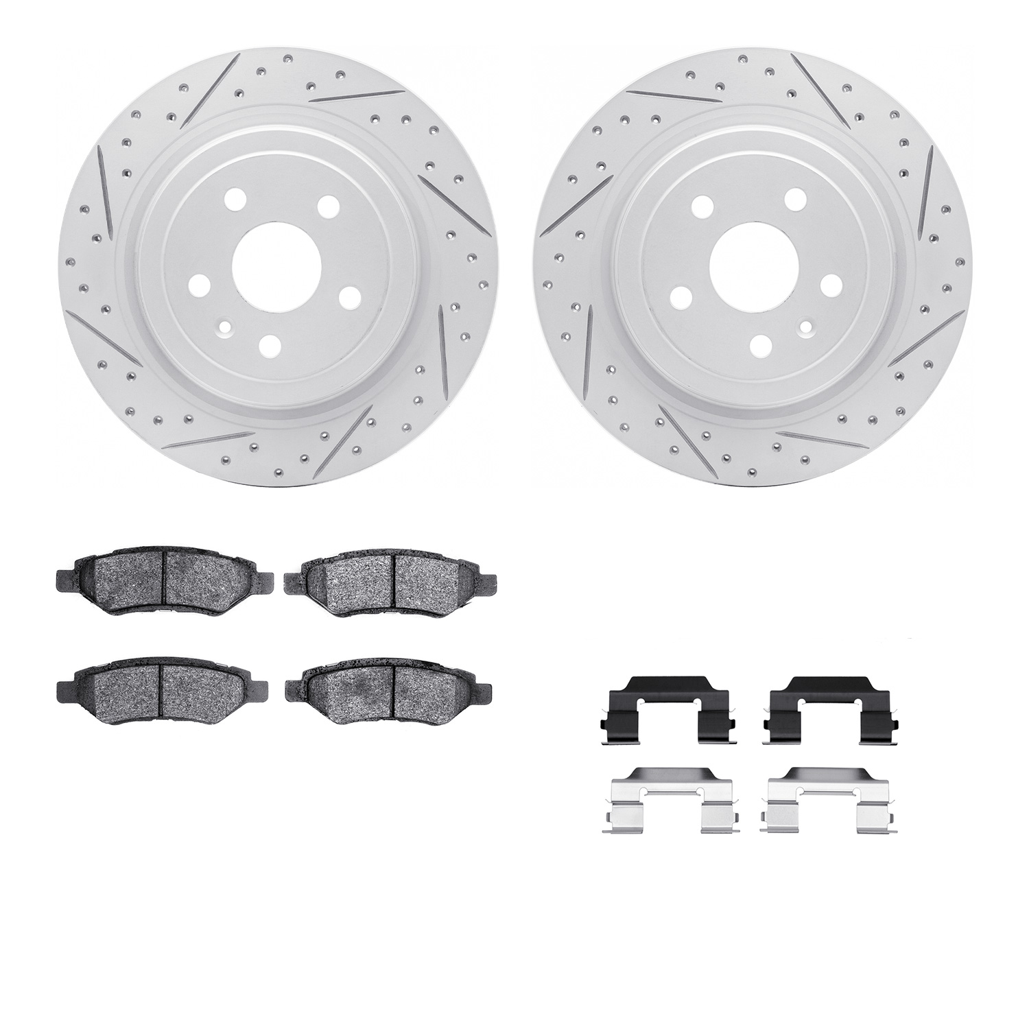 2512-46015 Geoperformance Drilled/Slotted Rotors w/5000 Advanced Brake Pads Kit & Hardware, 2008-2014 GM, Position: Rear
