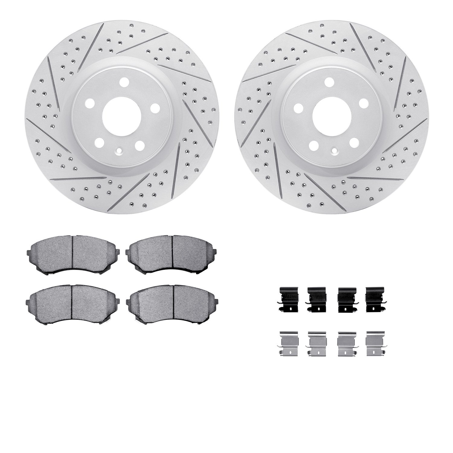 2512-46016 Geoperformance Drilled/Slotted Rotors w/5000 Advanced Brake Pads Kit & Hardware, 2008-2014 GM, Position: Front