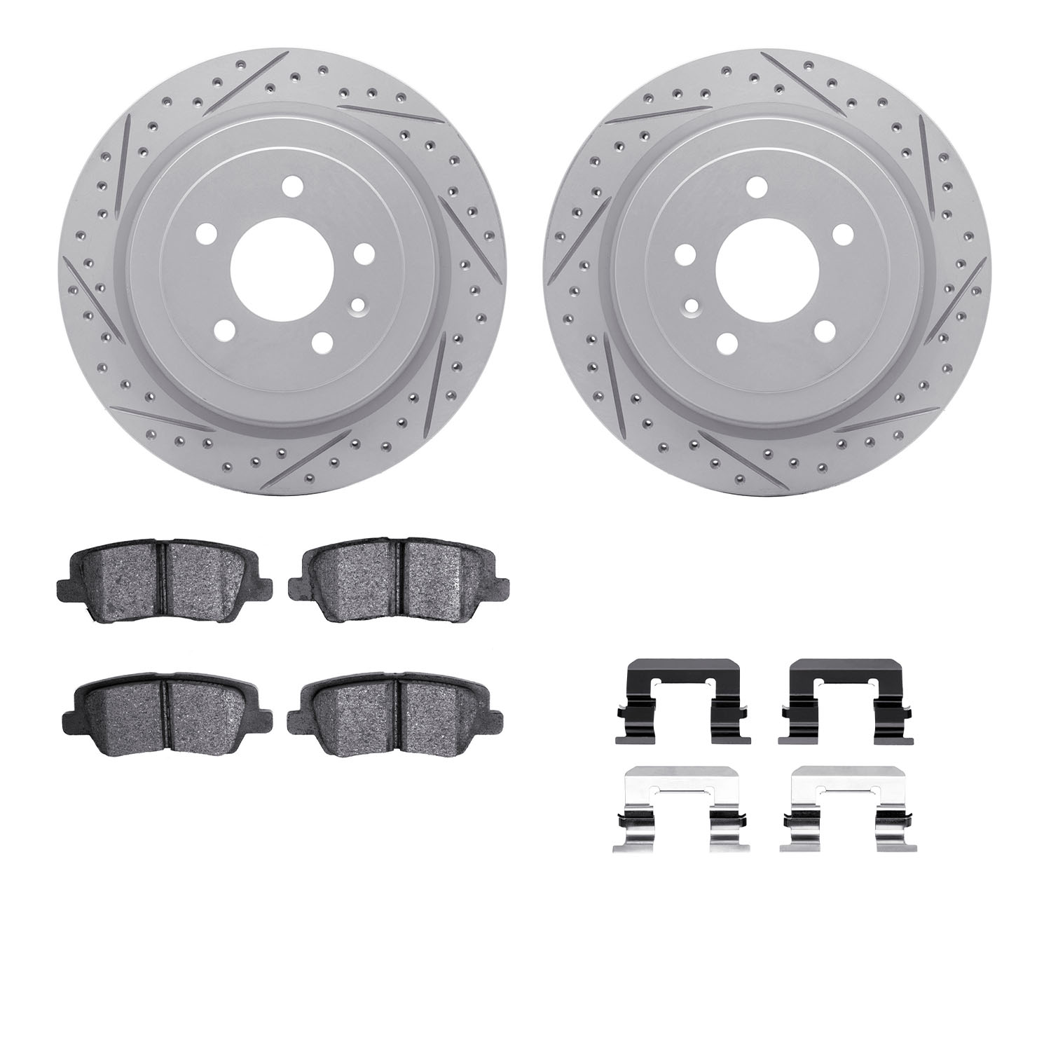 2512-46019 Geoperformance Drilled/Slotted Rotors w/5000 Advanced Brake Pads Kit & Hardware, 2013-2015 GM, Position: Rear