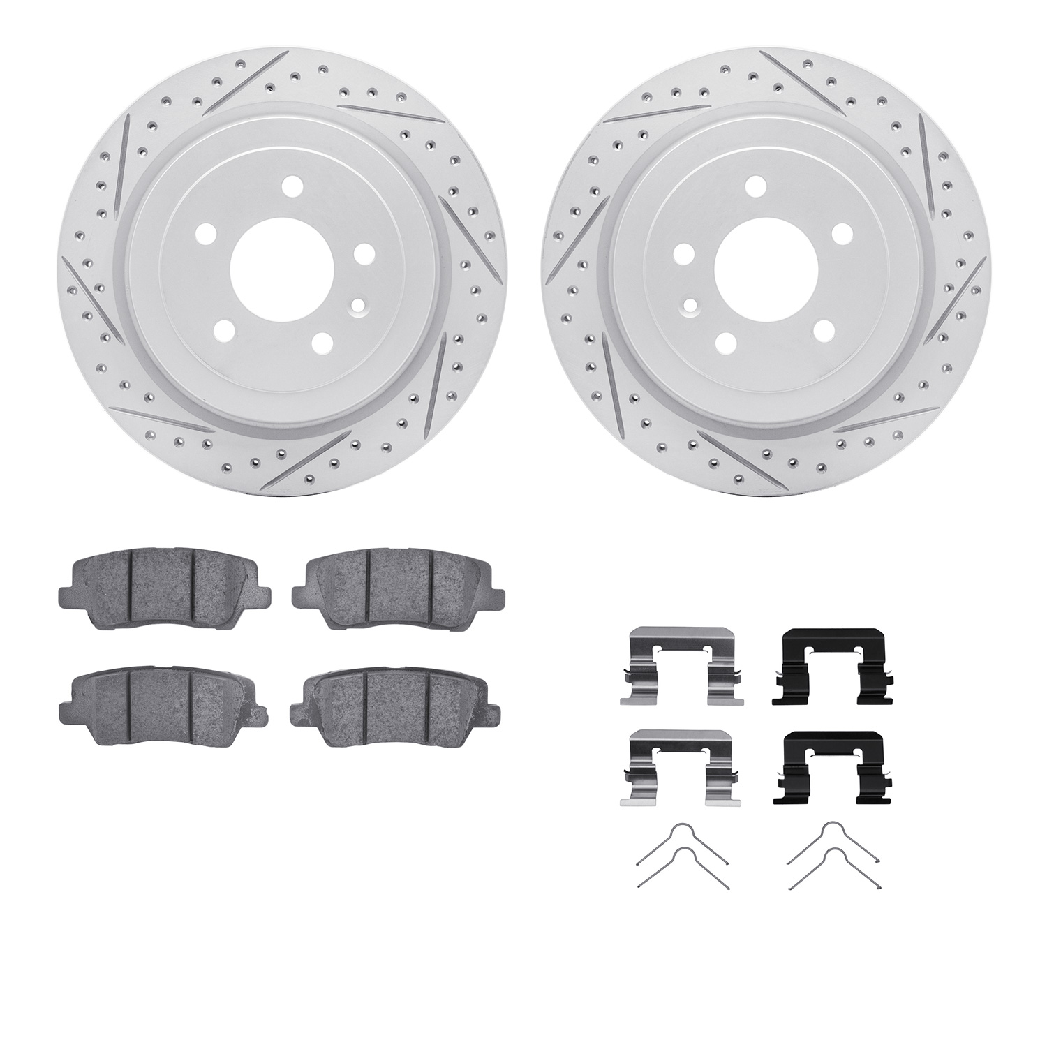 2512-46020 Geoperformance Drilled/Slotted Rotors w/5000 Advanced Brake Pads Kit & Hardware, 2013-2019 GM, Position: Rear