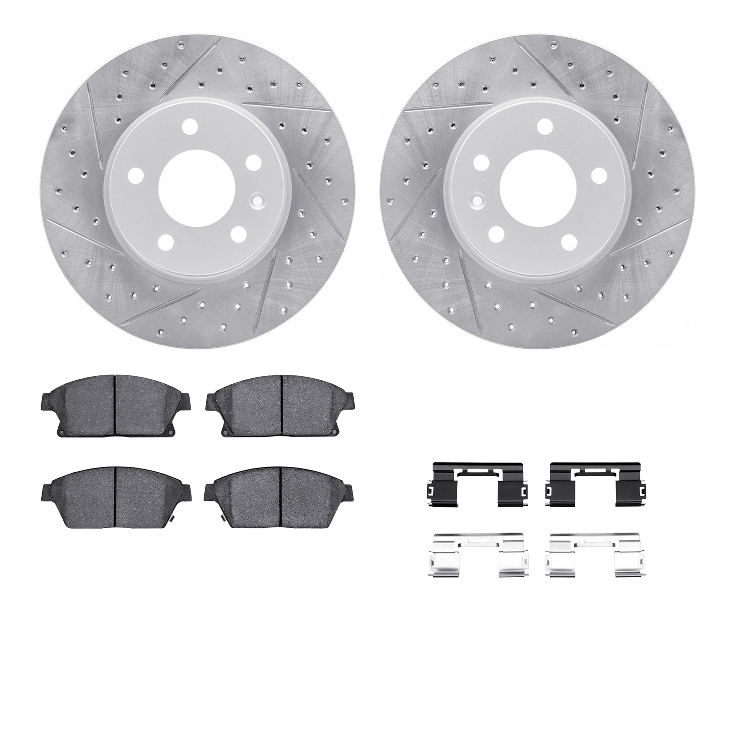 2512-46021 Geoperformance Drilled/Slotted Rotors w/5000 Advanced Brake Pads Kit & Hardware, 2013-2019 GM, Position: Front