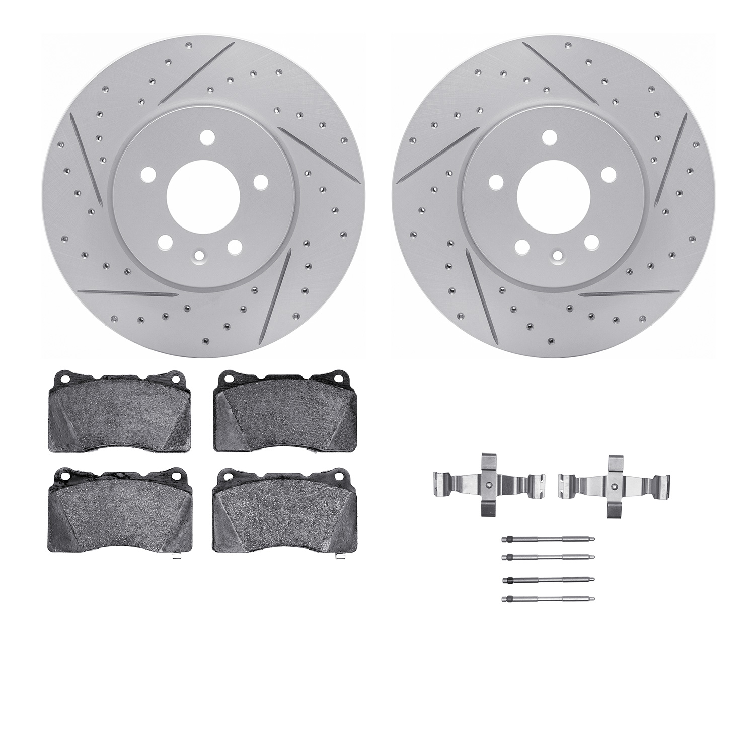 2512-46023 Geoperformance Drilled/Slotted Rotors w/5000 Advanced Brake Pads Kit & Hardware, 2013-2019 GM, Position: Front
