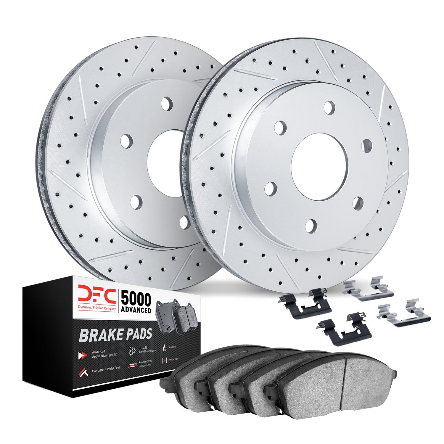 2512-46051 Geoperformance Drilled/Slotted Rotors w/5000 Advanced Brake Pads Kit & Hardware, 2010-2016 GM, Position: Front