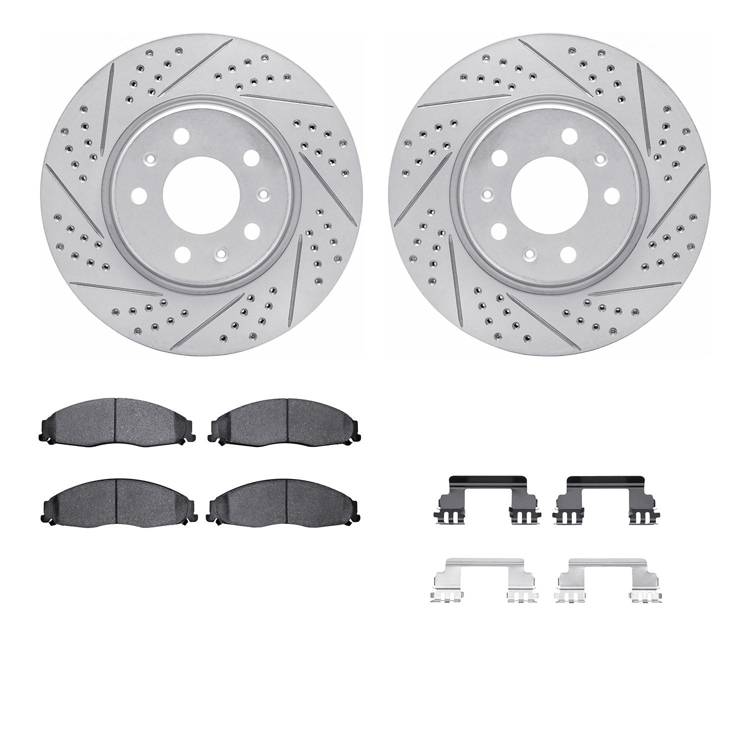 2512-46081 Geoperformance Drilled/Slotted Rotors w/5000 Advanced Brake Pads Kit & Hardware, 2003-2005 GM, Position: Front