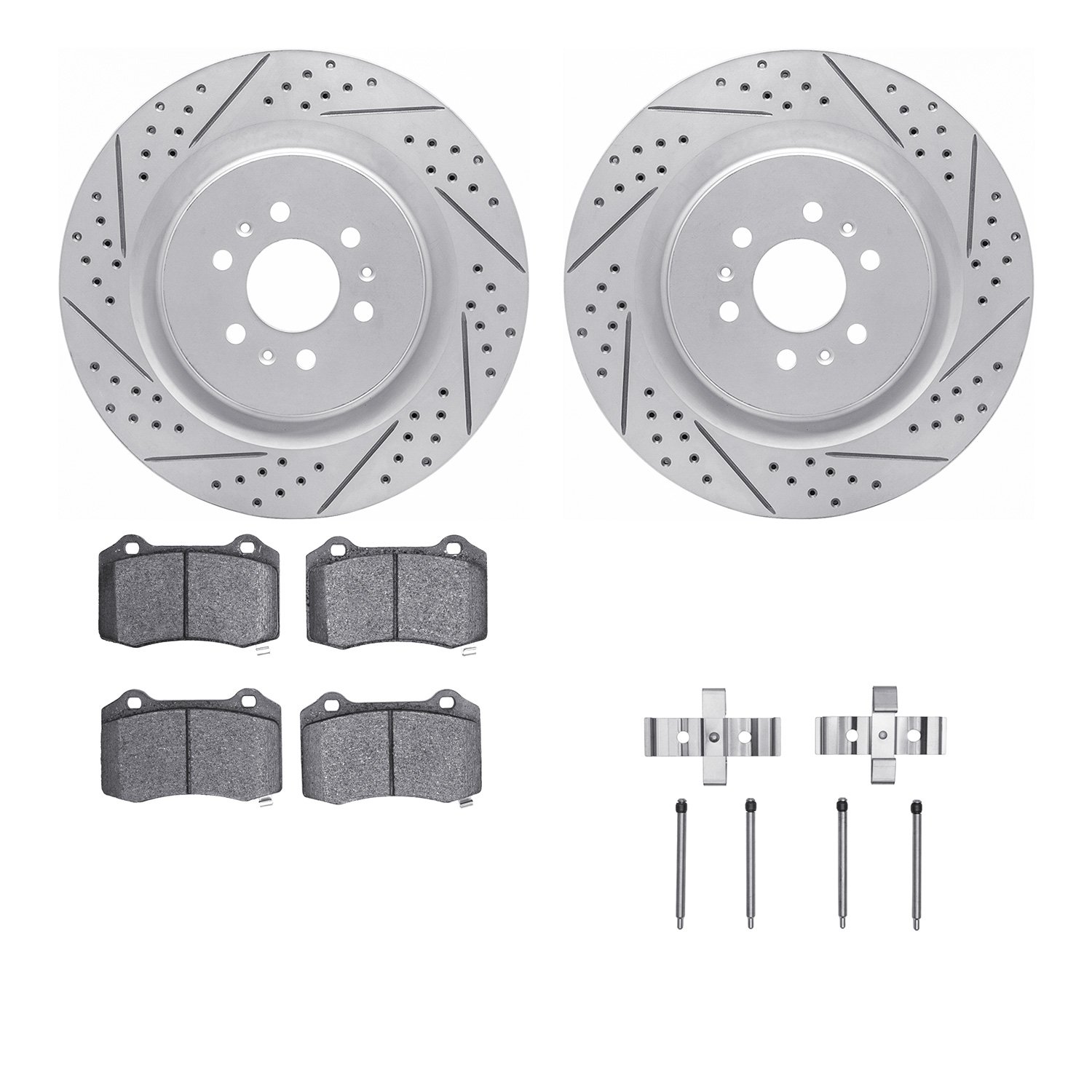 2512-46093 Geoperformance Drilled/Slotted Rotors w/5000 Advanced Brake Pads Kit & Hardware, 2004-2011 GM, Position: Rear