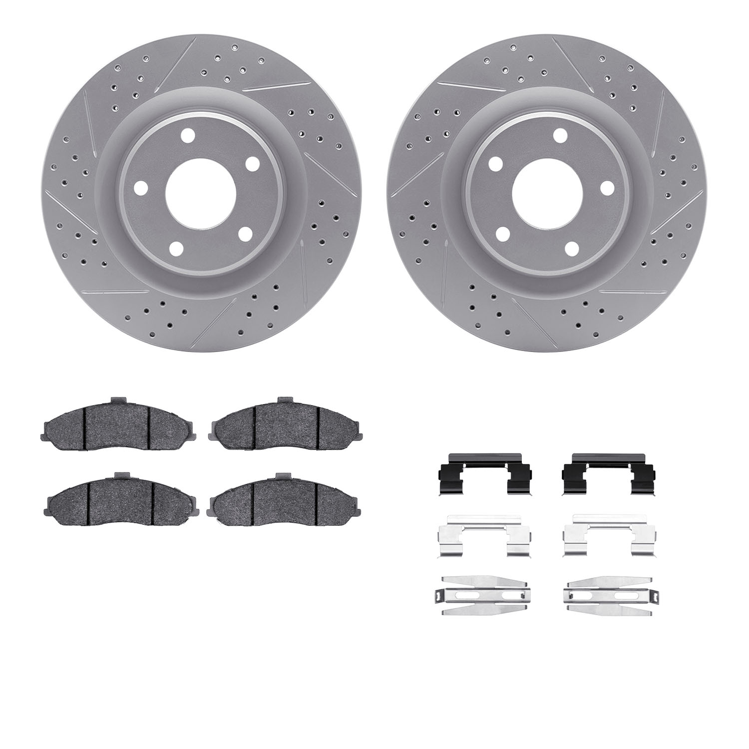 2512-46104 Geoperformance Drilled/Slotted Rotors w/5000 Advanced Brake Pads Kit & Hardware, 2010-2010 GM, Position: Front