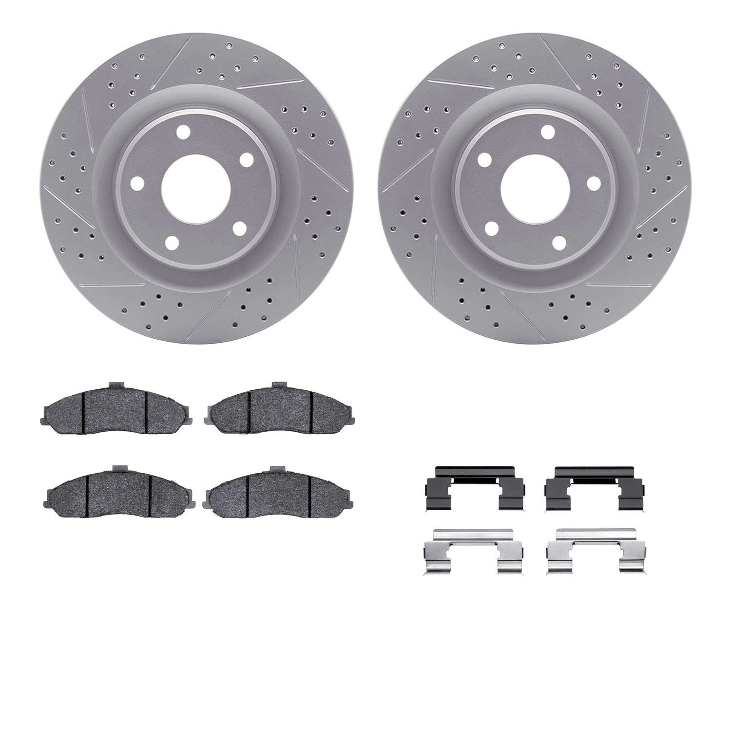 2512-46105 Geoperformance Drilled/Slotted Rotors w/5000 Advanced Brake Pads Kit & Hardware, 2005-2009 GM, Position: Front