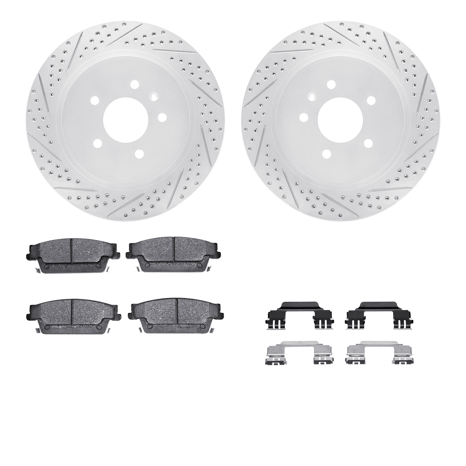 2512-46116 Geoperformance Drilled/Slotted Rotors w/5000 Advanced Brake Pads Kit & Hardware, 2005-2011 GM, Position: Rear