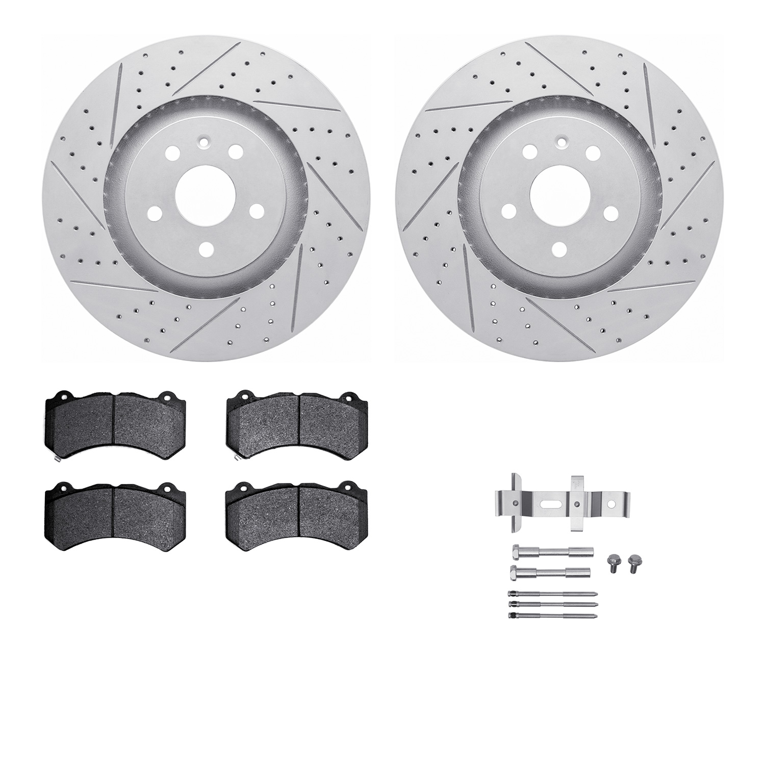 2512-46151 Geoperformance Drilled/Slotted Rotors w/5000 Advanced Brake Pads Kit & Hardware, 2009-2015 GM, Position: Front