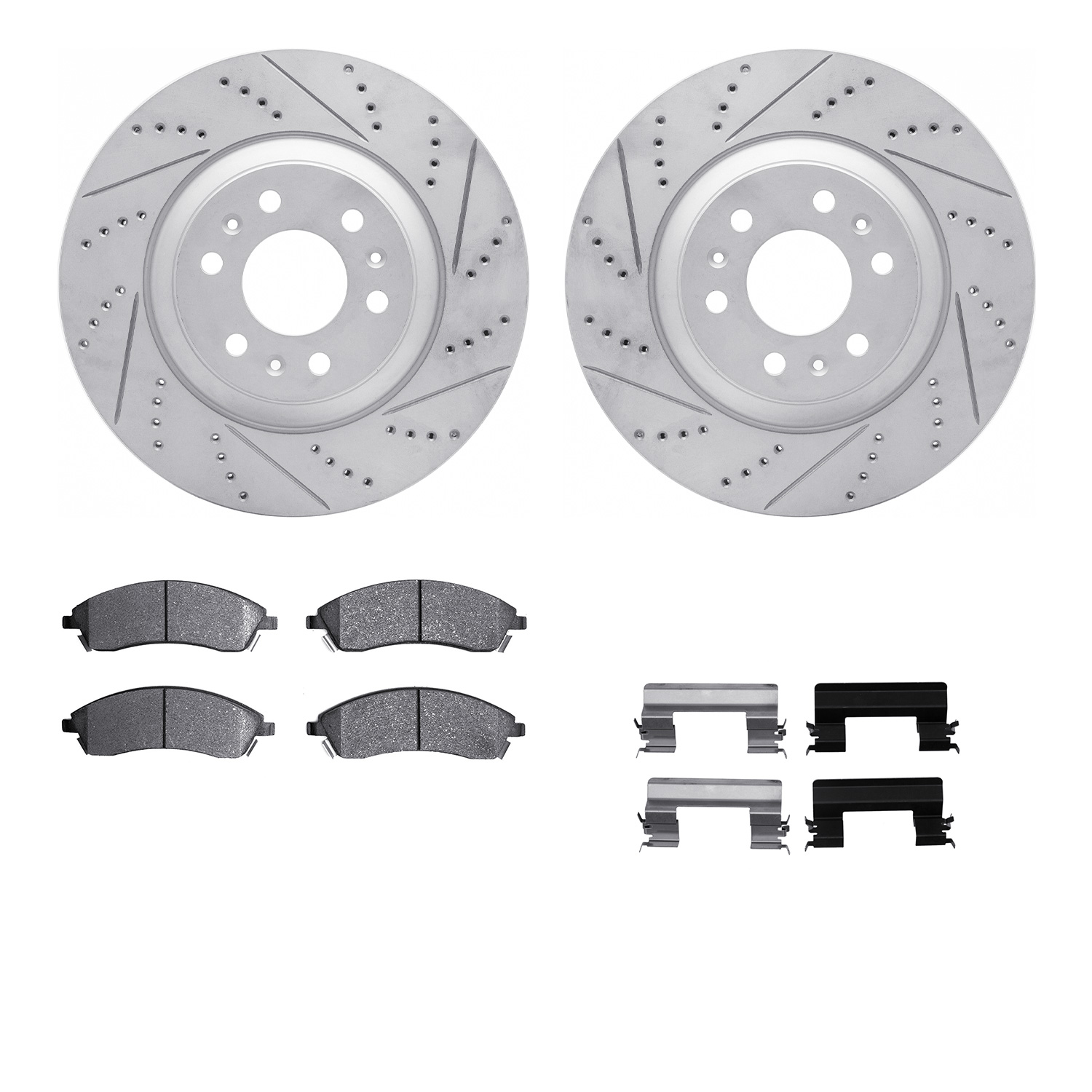 2512-46243 Geoperformance Drilled/Slotted Rotors w/5000 Advanced Brake Pads Kit & Hardware, 2004-2009 GM, Position: Front