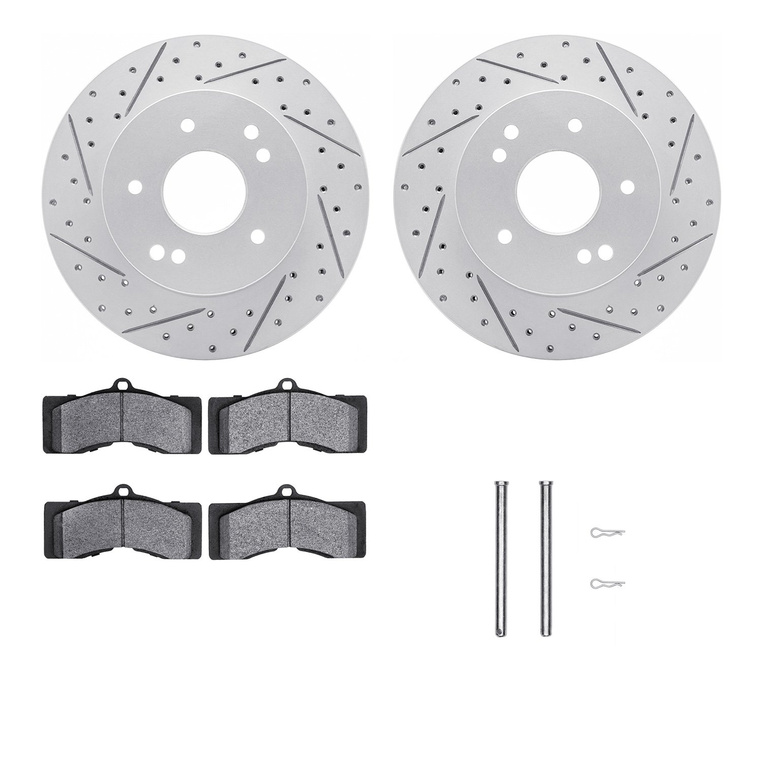 2512-47003 Geoperformance Drilled/Slotted Rotors w/5000 Advanced Brake Pads Kit & Hardware, 1963-1982 GM, Position: Front, Rear