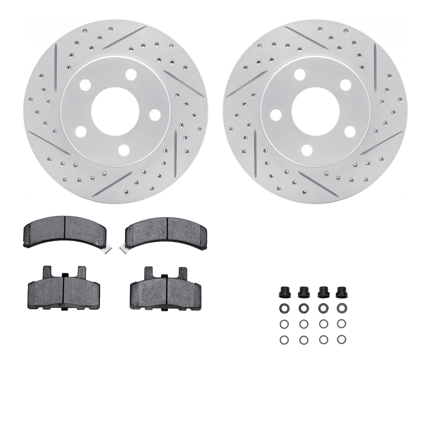 2512-47006 Geoperformance Drilled/Slotted Rotors w/5000 Advanced Brake Pads Kit & Hardware, 1990-1992 GM, Position: Front