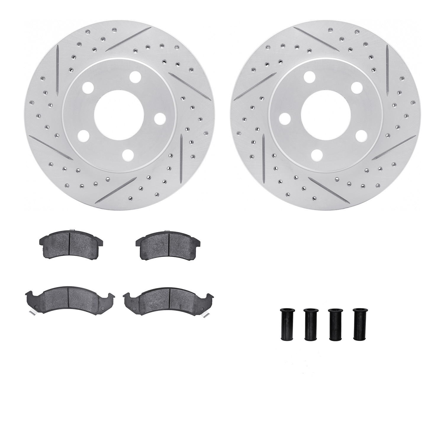 2512-47008 Geoperformance Drilled/Slotted Rotors w/5000 Advanced Brake Pads Kit & Hardware, 1991-1993 GM, Position: Front