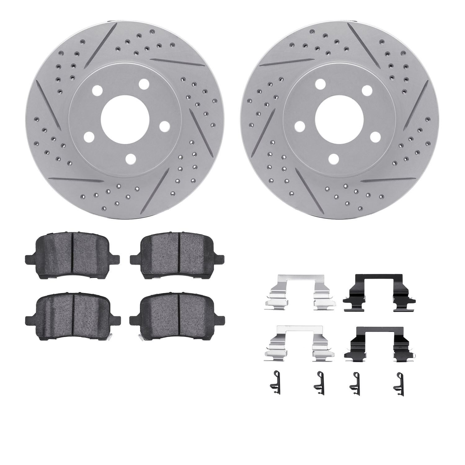 2512-47013 Geoperformance Drilled/Slotted Rotors w/5000 Advanced Brake Pads Kit & Hardware, 2006-2011 GM, Position: Front