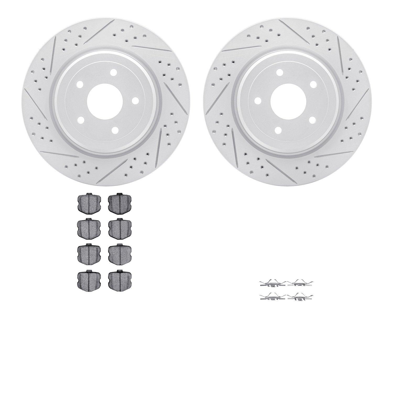 2512-47015 Geoperformance Drilled/Slotted Rotors w/5000 Advanced Brake Pads Kit & Hardware, 2006-2013 GM, Position: Rear