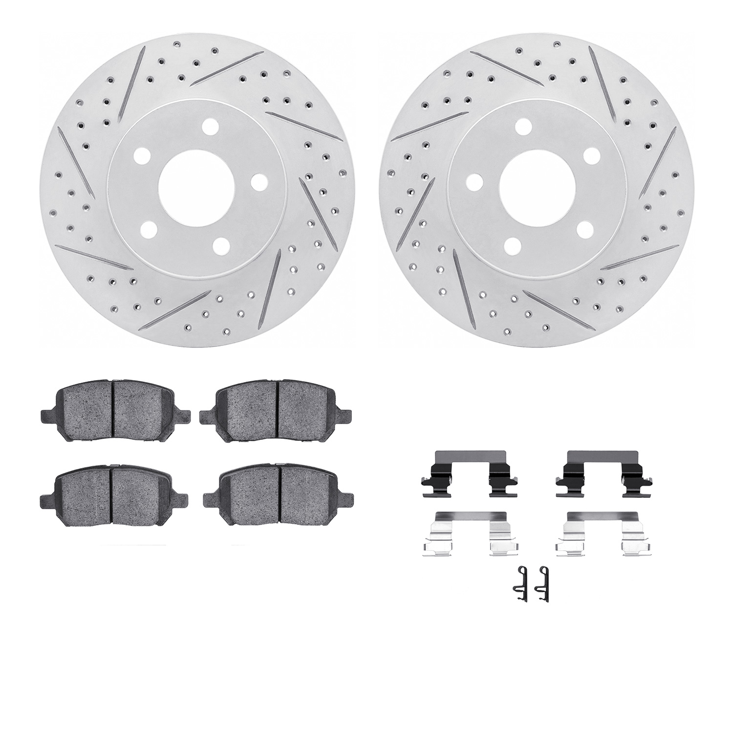 2512-47016 Geoperformance Drilled/Slotted Rotors w/5000 Advanced Brake Pads Kit & Hardware, 2007-2010 GM, Position: Front