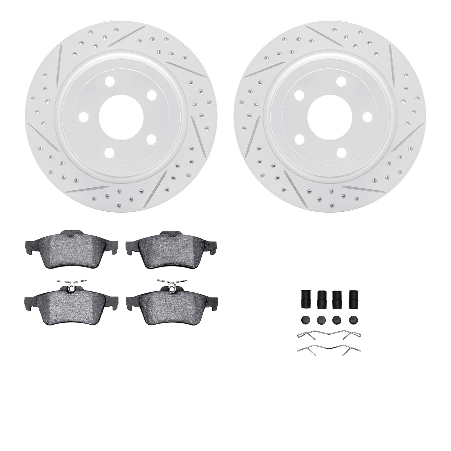 2512-47018 Geoperformance Drilled/Slotted Rotors w/5000 Advanced Brake Pads Kit & Hardware, 2008-2010 GM, Position: Rear