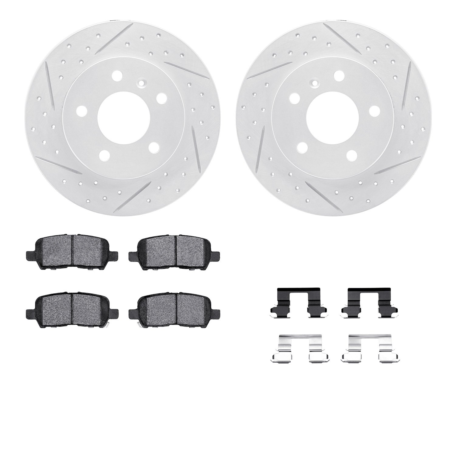 2512-47021 Geoperformance Drilled/Slotted Rotors w/5000 Advanced Brake Pads Kit & Hardware, 2004-2016 GM, Position: Rear