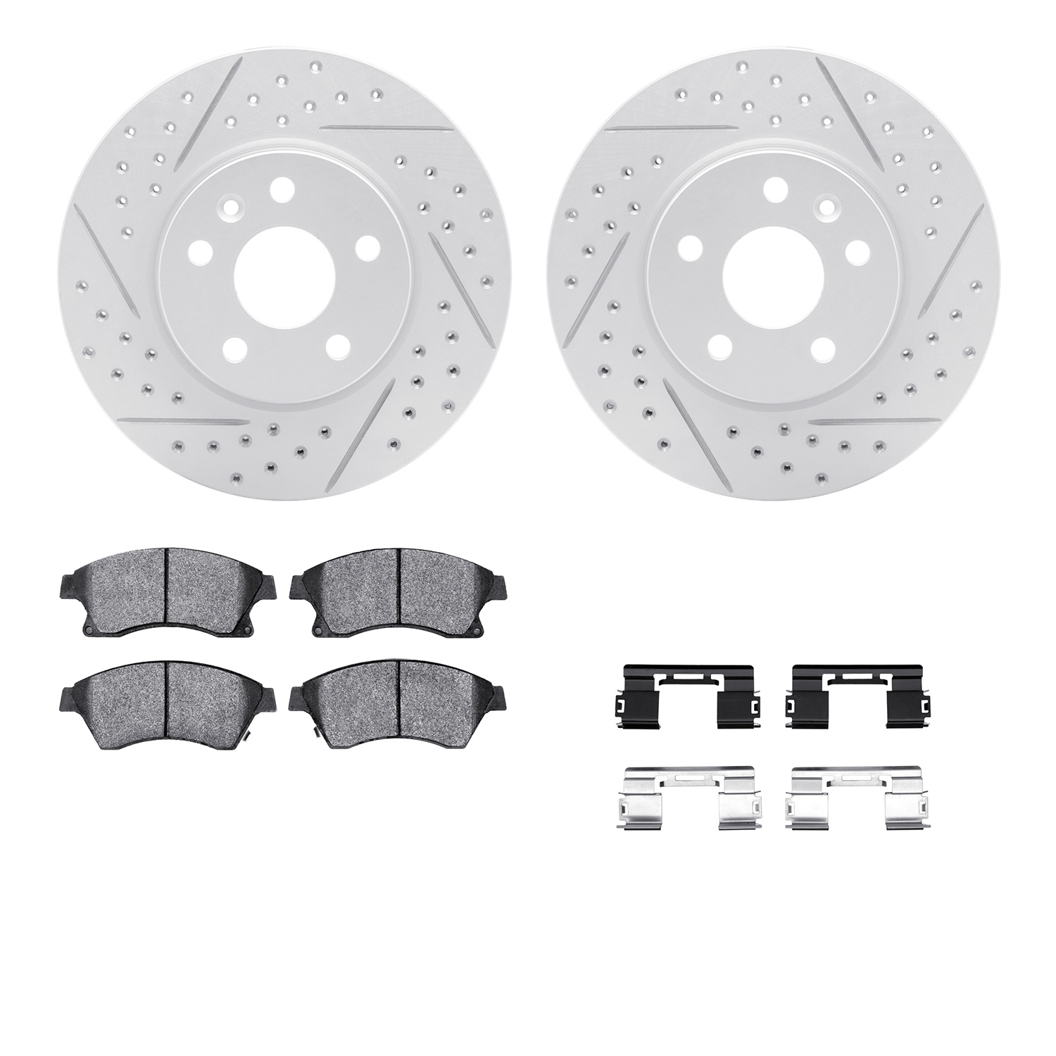 2512-47022 Geoperformance Drilled/Slotted Rotors w/5000 Advanced Brake Pads Kit & Hardware, 2011-2017 GM, Position: Front