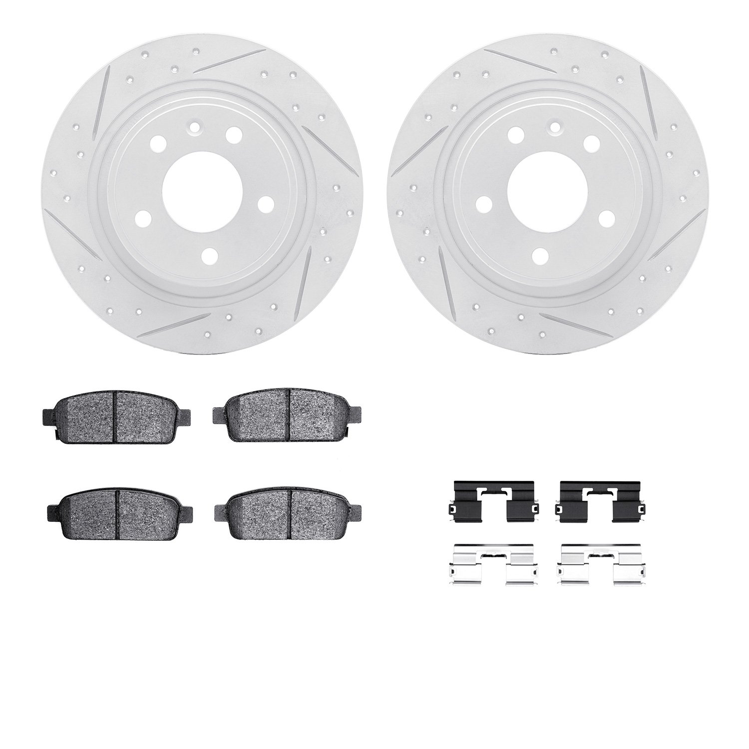 2512-47024 Geoperformance Drilled/Slotted Rotors w/5000 Advanced Brake Pads Kit & Hardware, 2011-2019 GM, Position: Rear