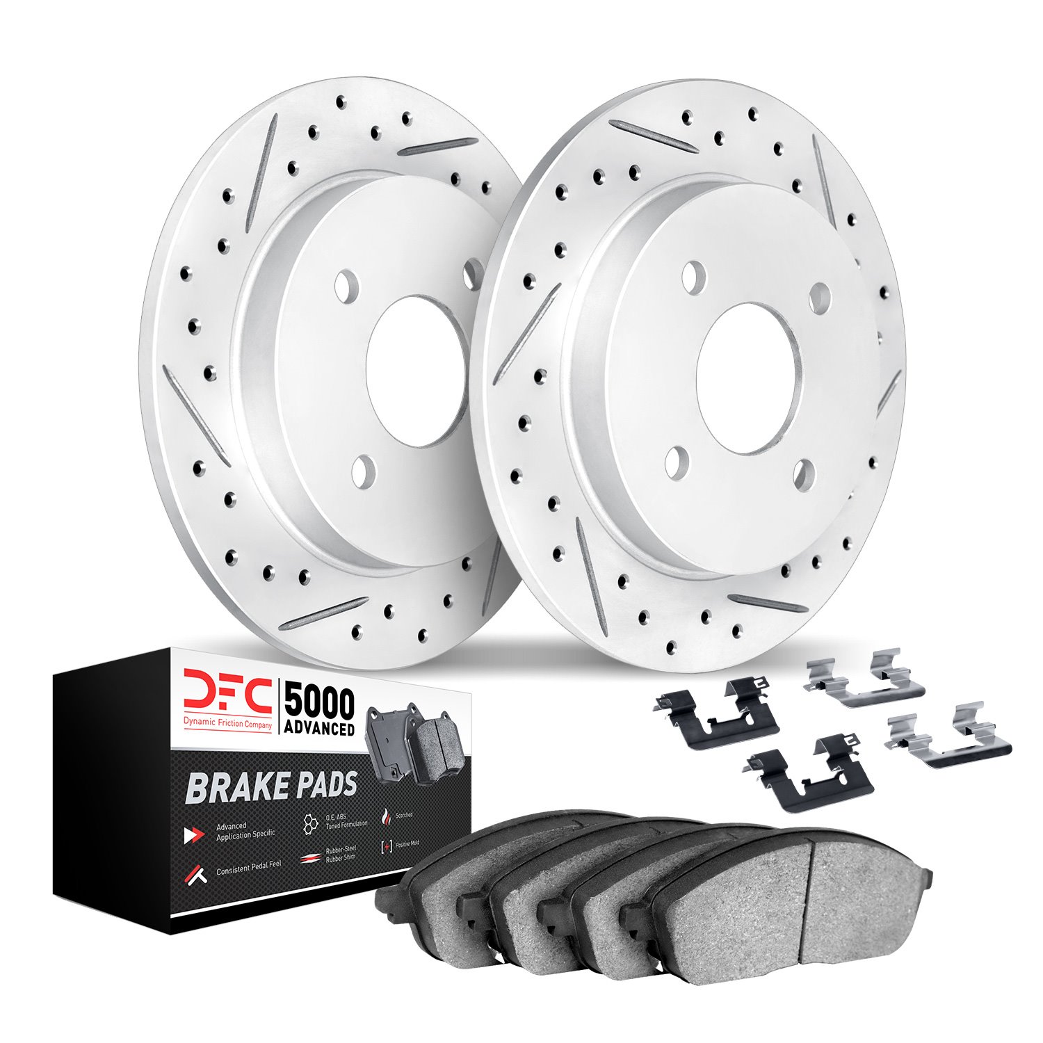 2512-47027 Geoperformance Drilled/Slotted Rotors w/5000 Advanced Brake Pads Kit & Hardware, 2014-2016 GM, Position: Rear
