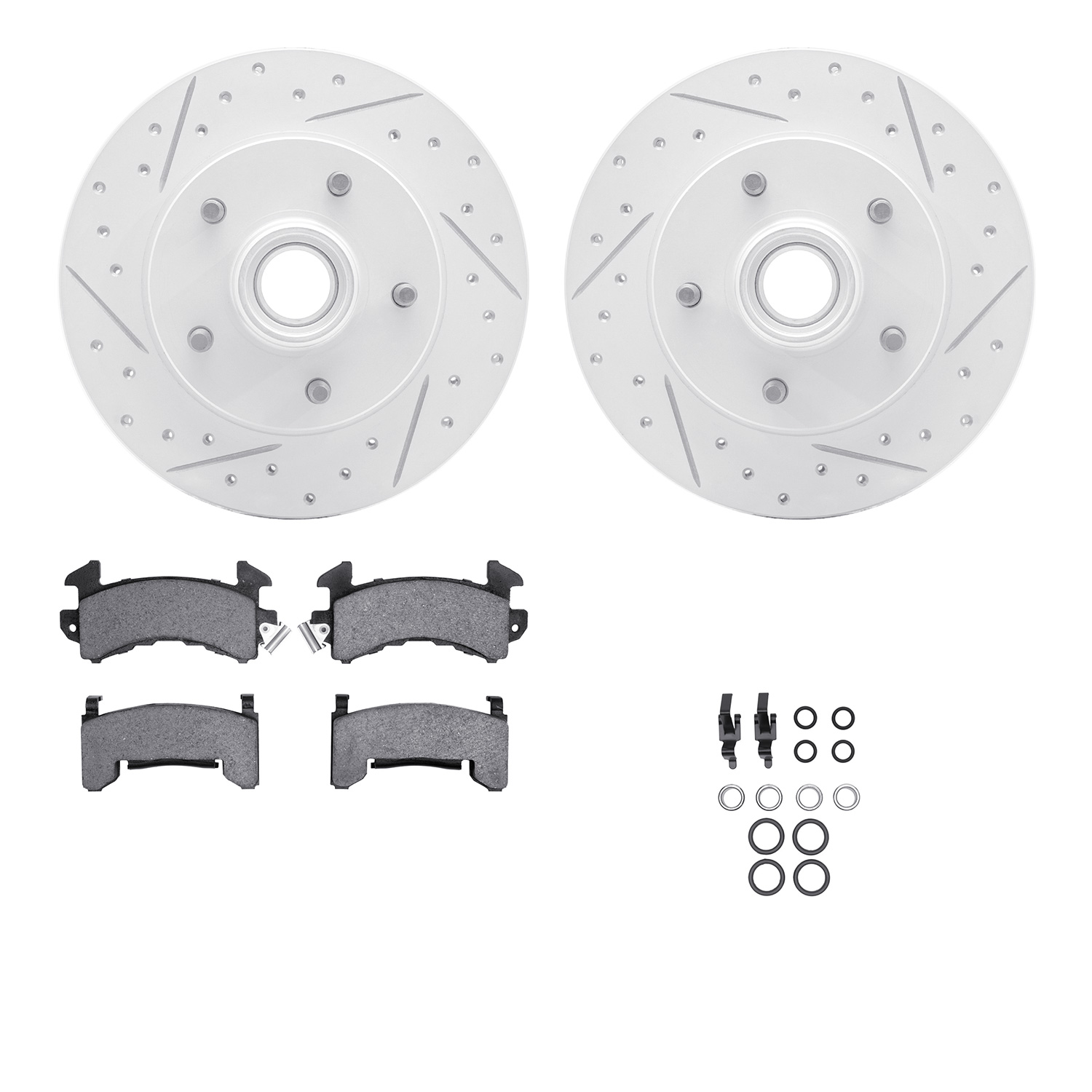 2512-47034 Geoperformance Drilled/Slotted Rotors w/5000 Advanced Brake Pads Kit & Hardware, 1982-1995 GM, Position: Front
