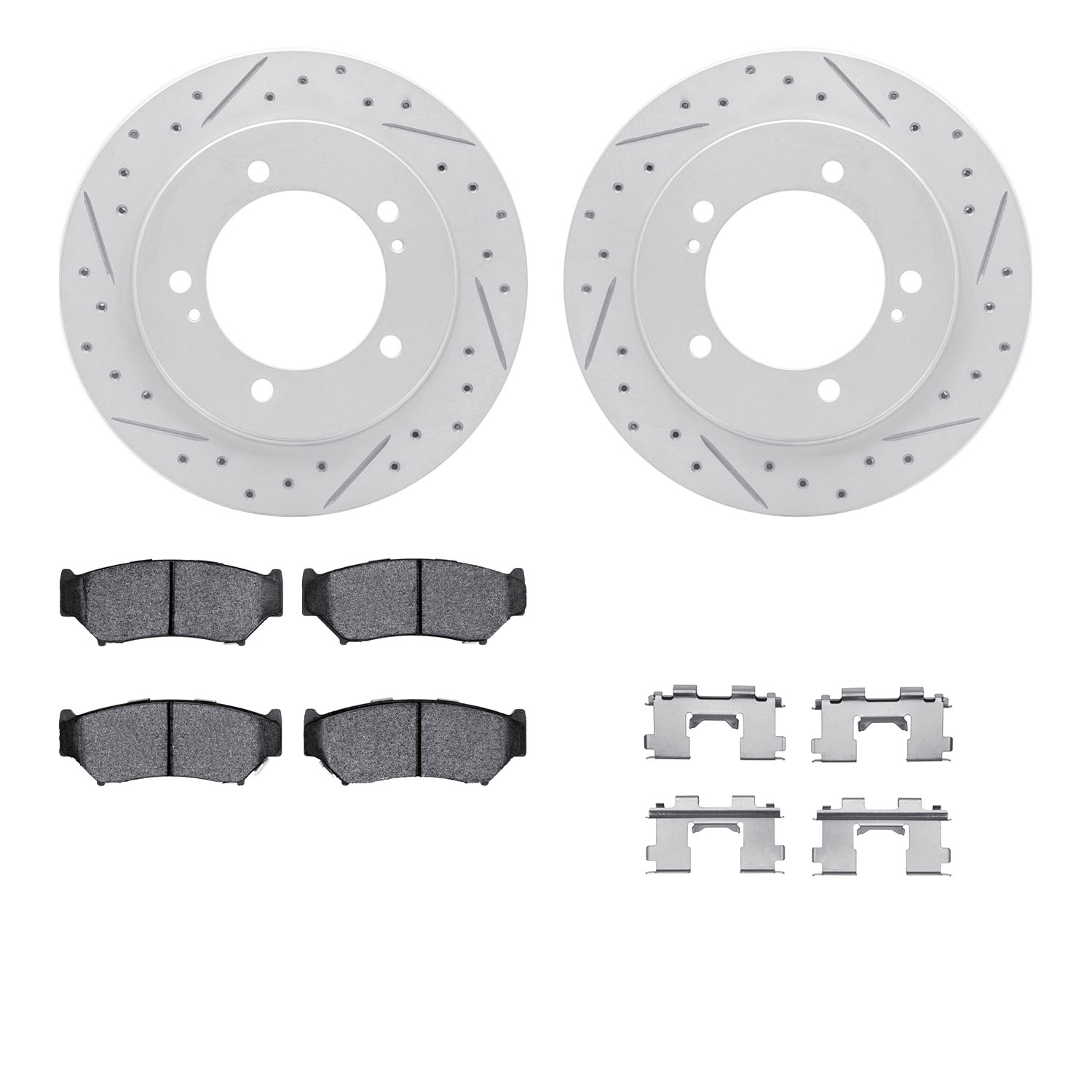 2512-47039 Geoperformance Drilled/Slotted Rotors w/5000 Advanced Brake Pads Kit & Hardware, 2004-2004 Suzuki, Position: Front