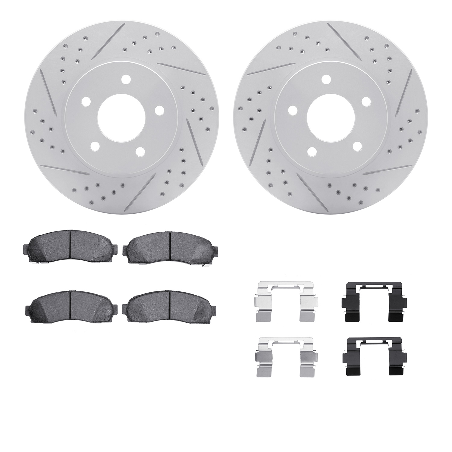 2512-47046 Geoperformance Drilled/Slotted Rotors w/5000 Advanced Brake Pads Kit & Hardware, 2002-2007 GM, Position: Front