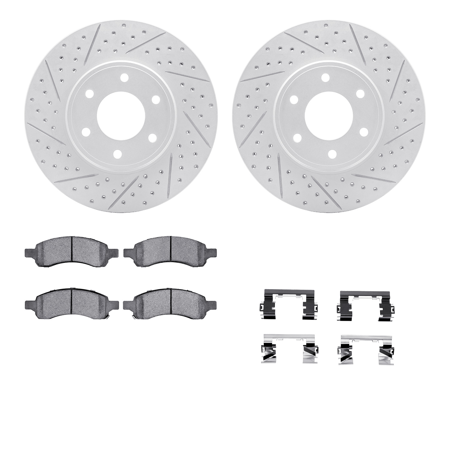 2512-47057 Geoperformance Drilled/Slotted Rotors w/5000 Advanced Brake Pads Kit & Hardware, 2006-2009 GM, Position: Front